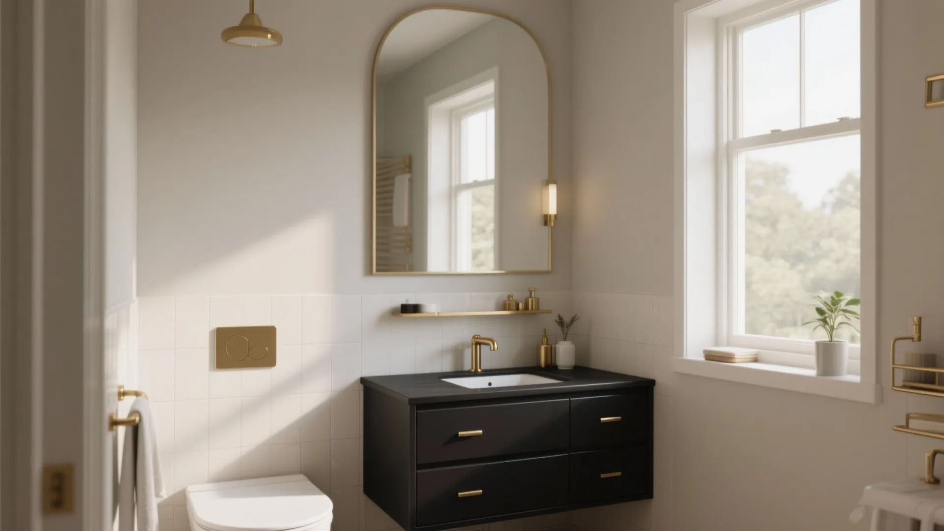 Small bathroom interior showing black floating cabinet gold faucet arched mirror and window with natural light