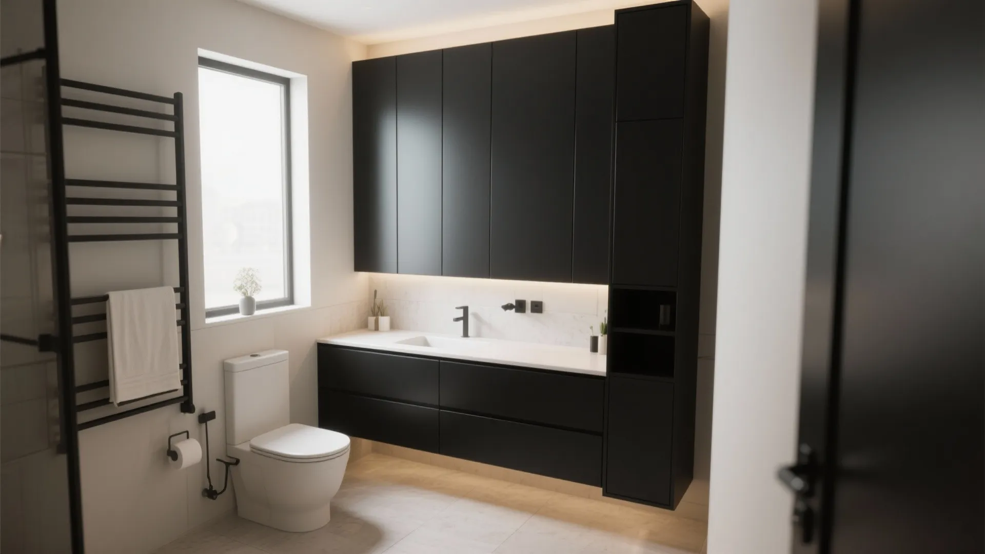 Minimalist bathroom featuring black wall cabinets white countertop sink white toilet and black towel rack