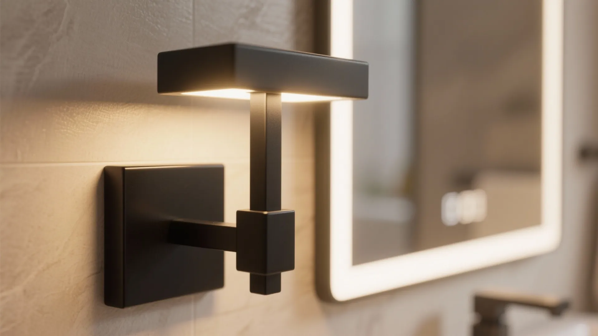Close up of a black square wall light mounted on a beige textured bathroom wall