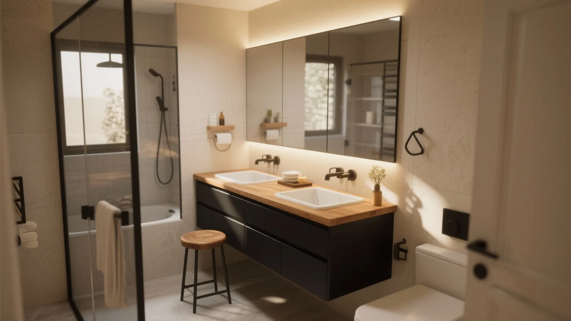 Double sink bathroom design with black floating cabinet wood countertop large mirror and round wooden stool