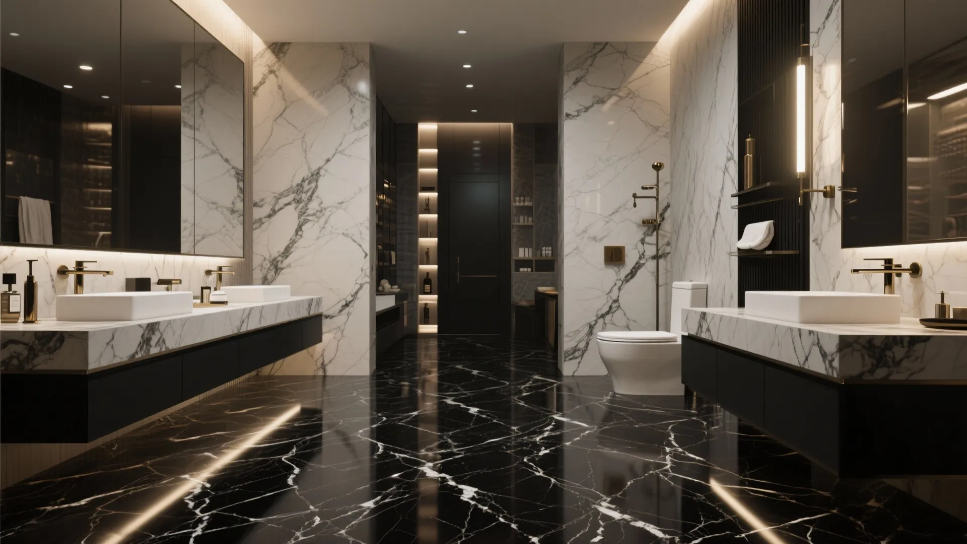Luxury bathroom with black marble floor white marble walls two sinks toilet and wall lights
