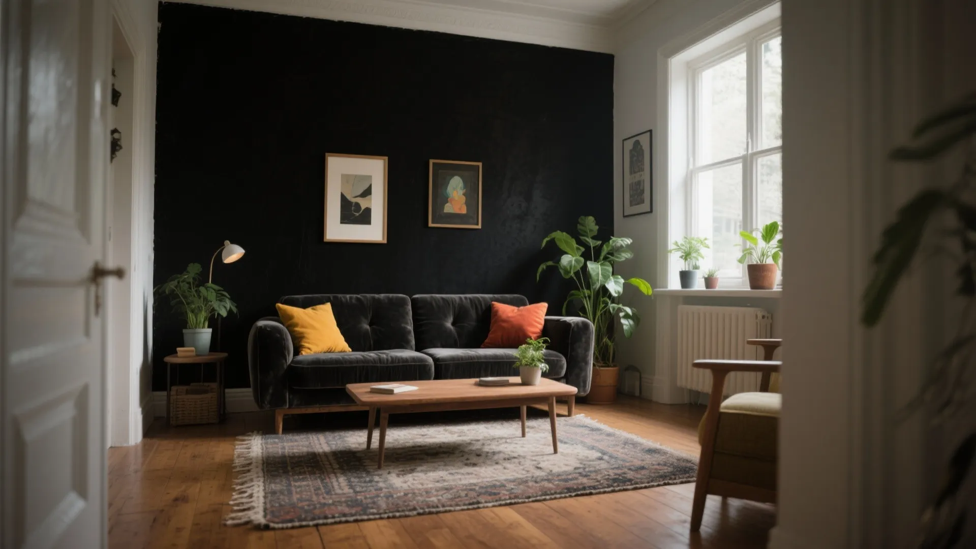 Cozy small living room with a deep black accent wall and bright textiles for contrast.