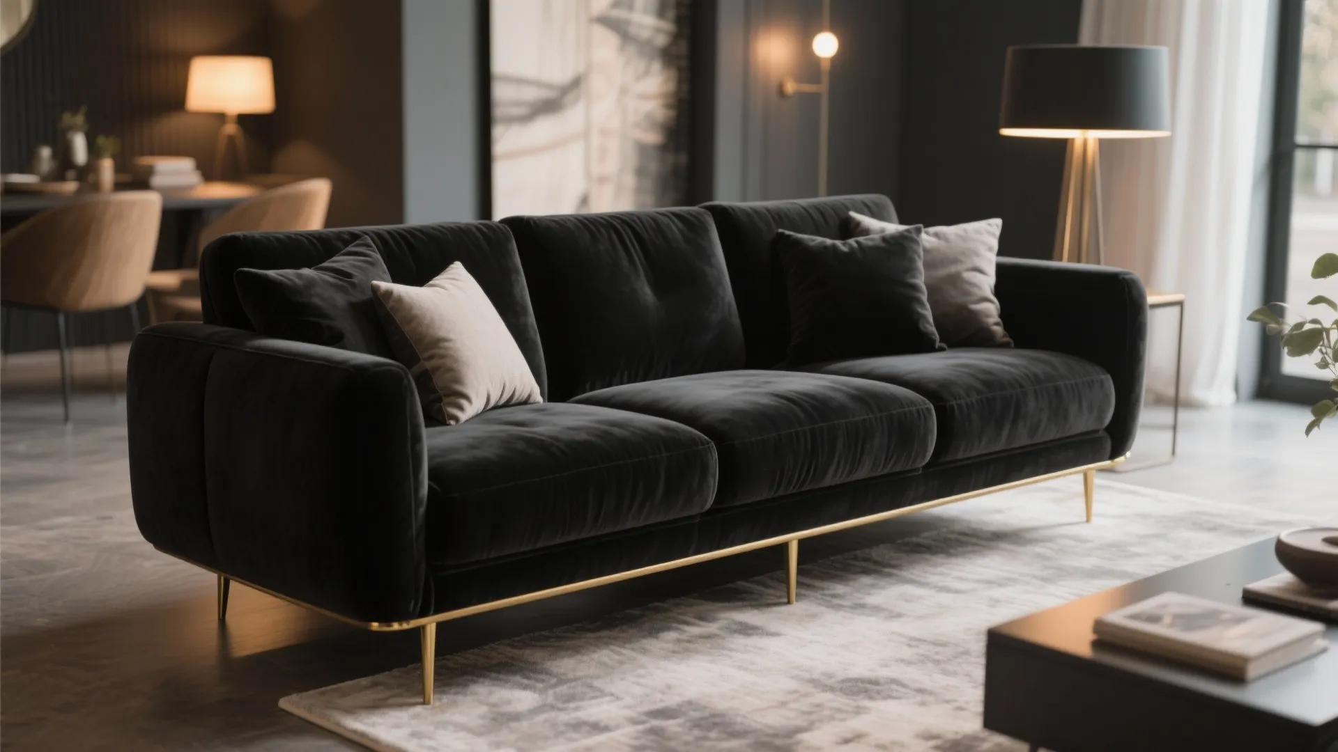 3. Velvet Black Sofa with Gold Legs