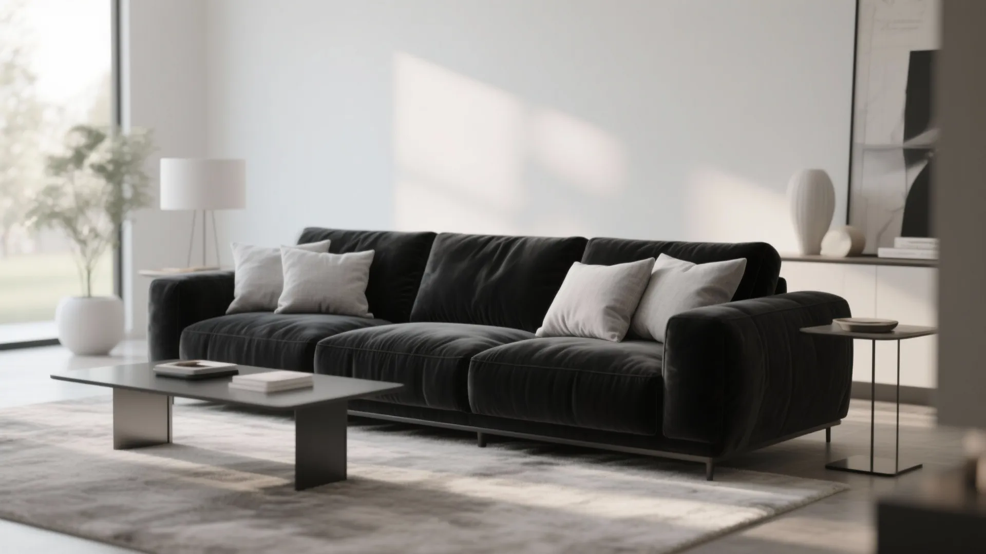 3. Black Velvet Sofa with Grey Throw Pillows