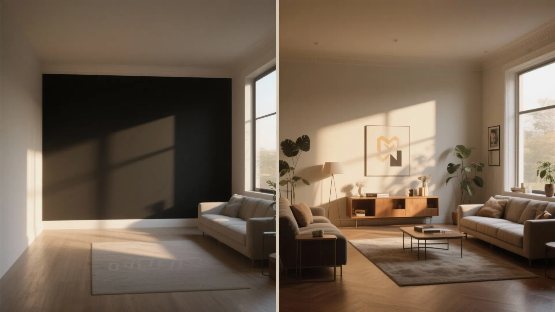 Split image showing a 3D render versus the finished room with a black accent wall to compare lighting effects.
