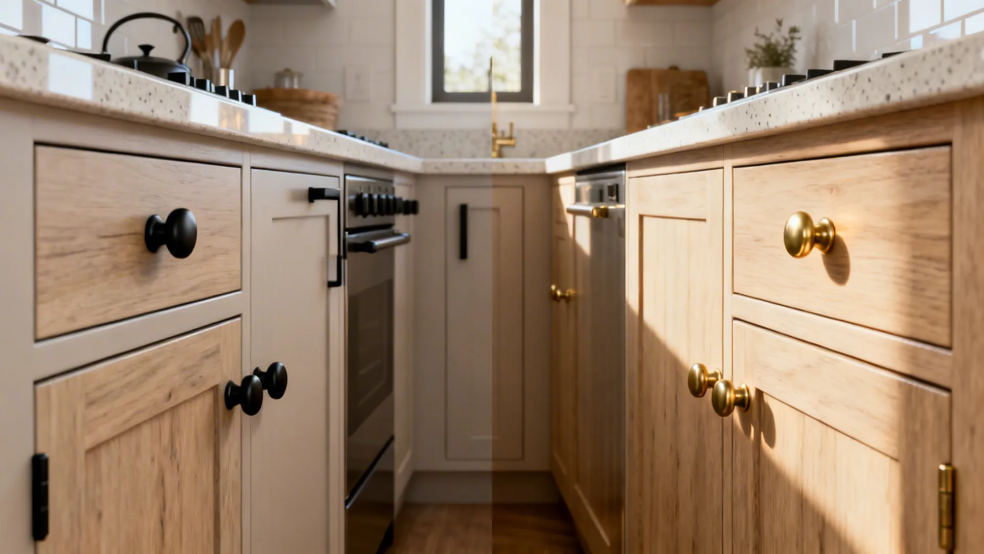 Side-by-side small kitchen views comparing matte black hardware with warm brass hardware.