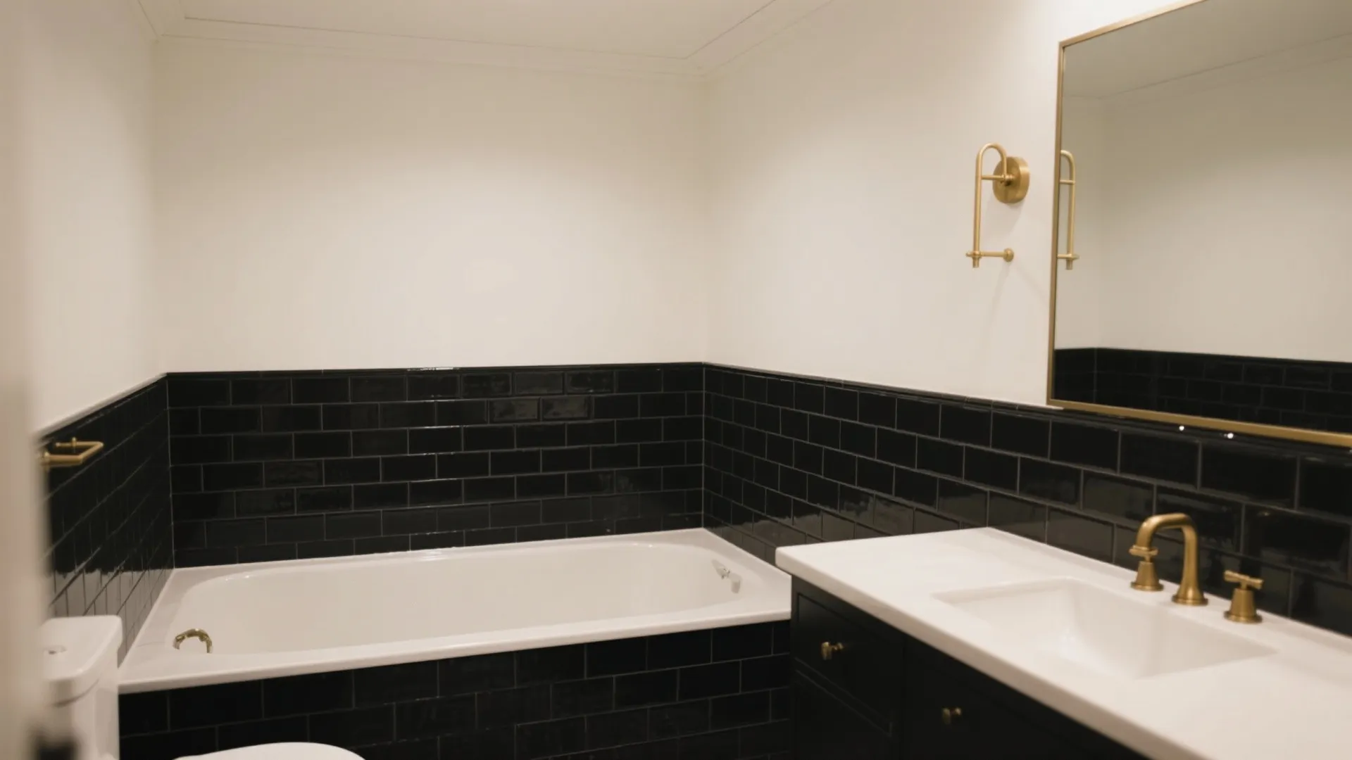 White bathroom featuring black wall panel tiles white bathtub gold faucet and large wall mirror