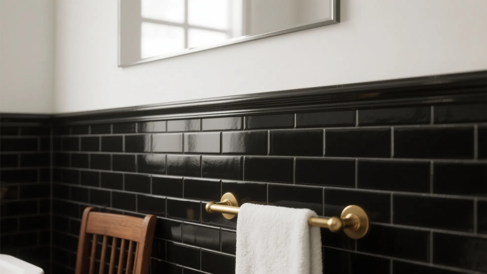 Bathroom with black subway tile wainscot and white wall above separated by slim metal trim.