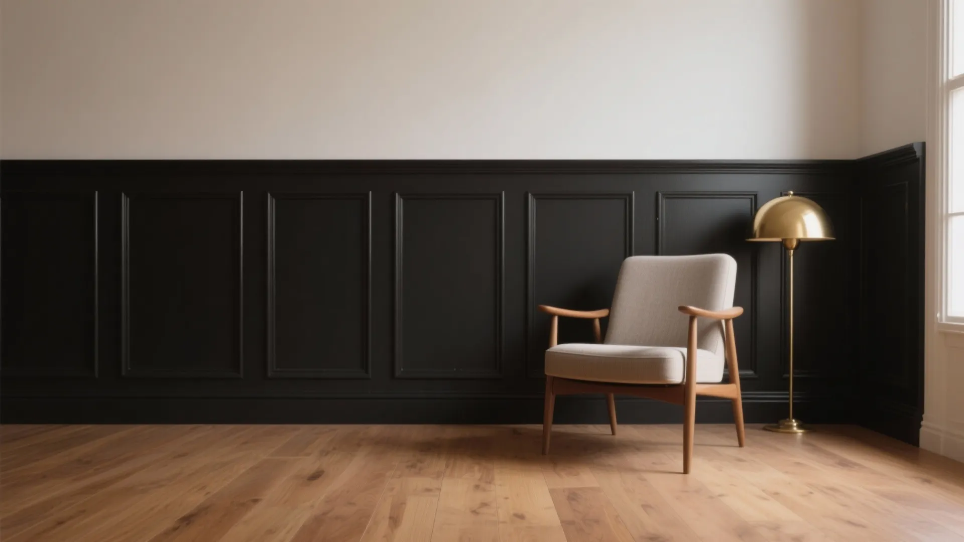 Modern living room with black wall panel wooden floor grey armchair and a gold lamp