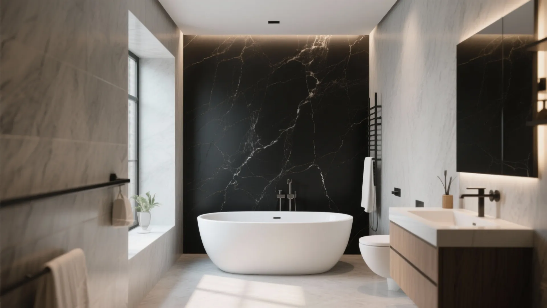 Modern bathroom featuring white bathtub against black marble wall with wooden cabinet and white toilet bowl
