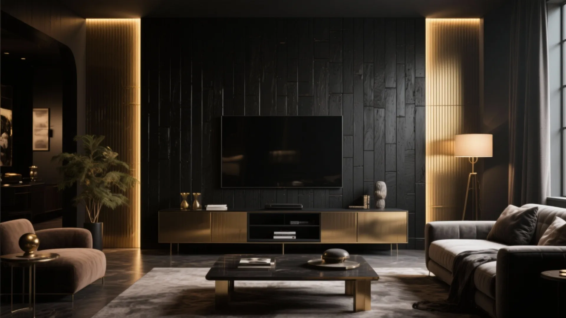 9. Black Feature Wall with Built-In Gold Lighting