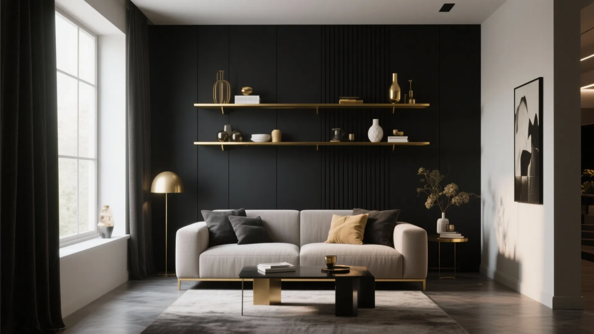 7. Black Feature Wall with Gold Shelving