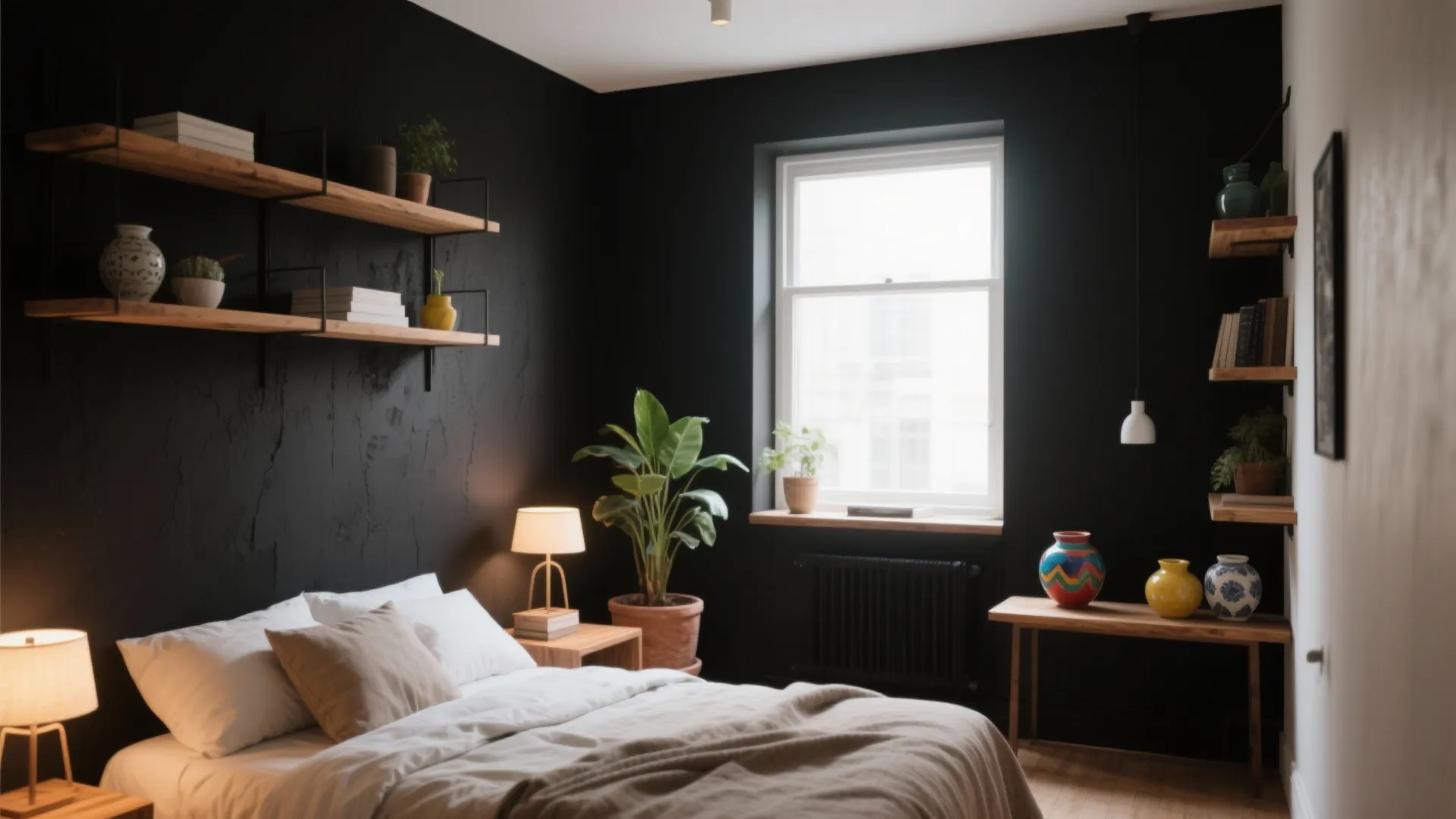 Modern bedroom with black walls, wooden shelves, white bedding, large green plant, and natural light