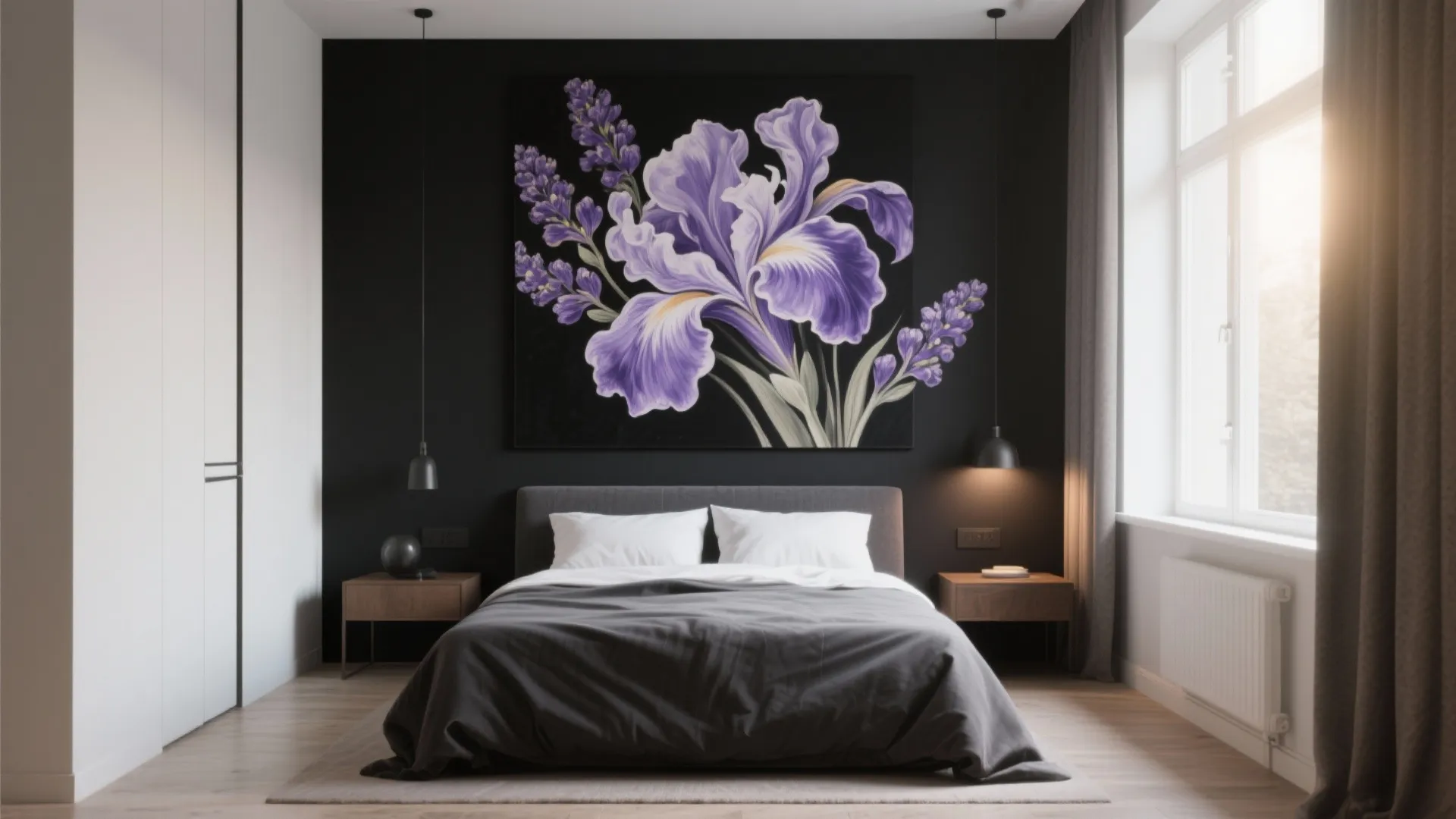 Tip 4: Balance Black Feature Walls with Lavender Artwork