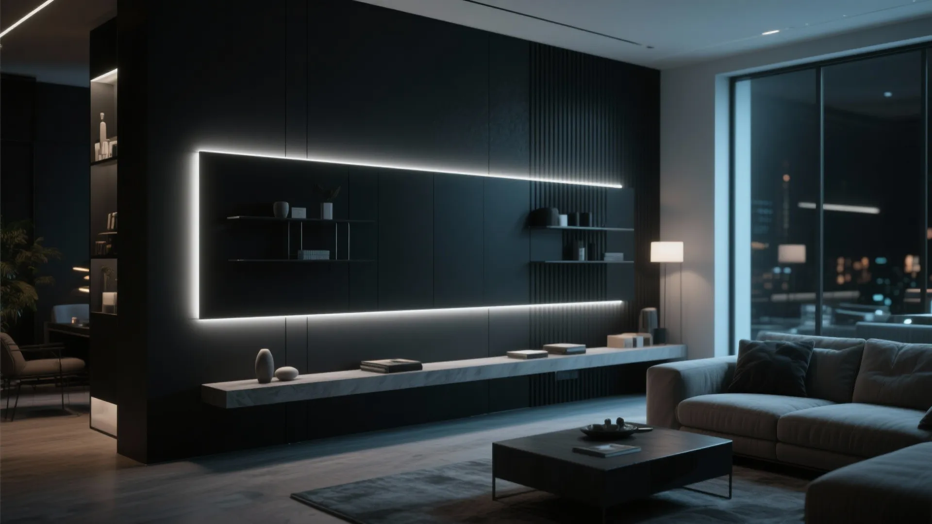 10. Black Feature Wall with Built-in Lighting