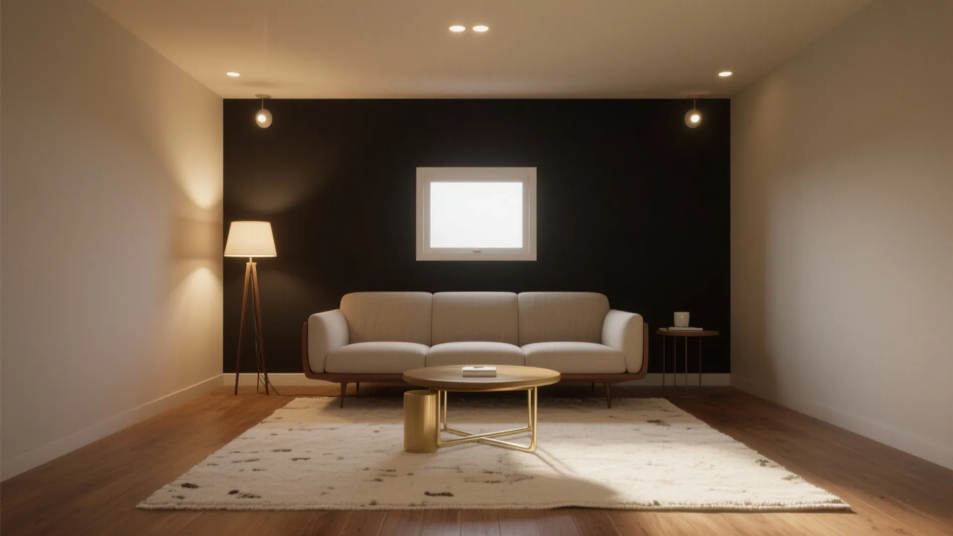 Modern living room with a black wall white sofa wooden coffee table and soft warm lights