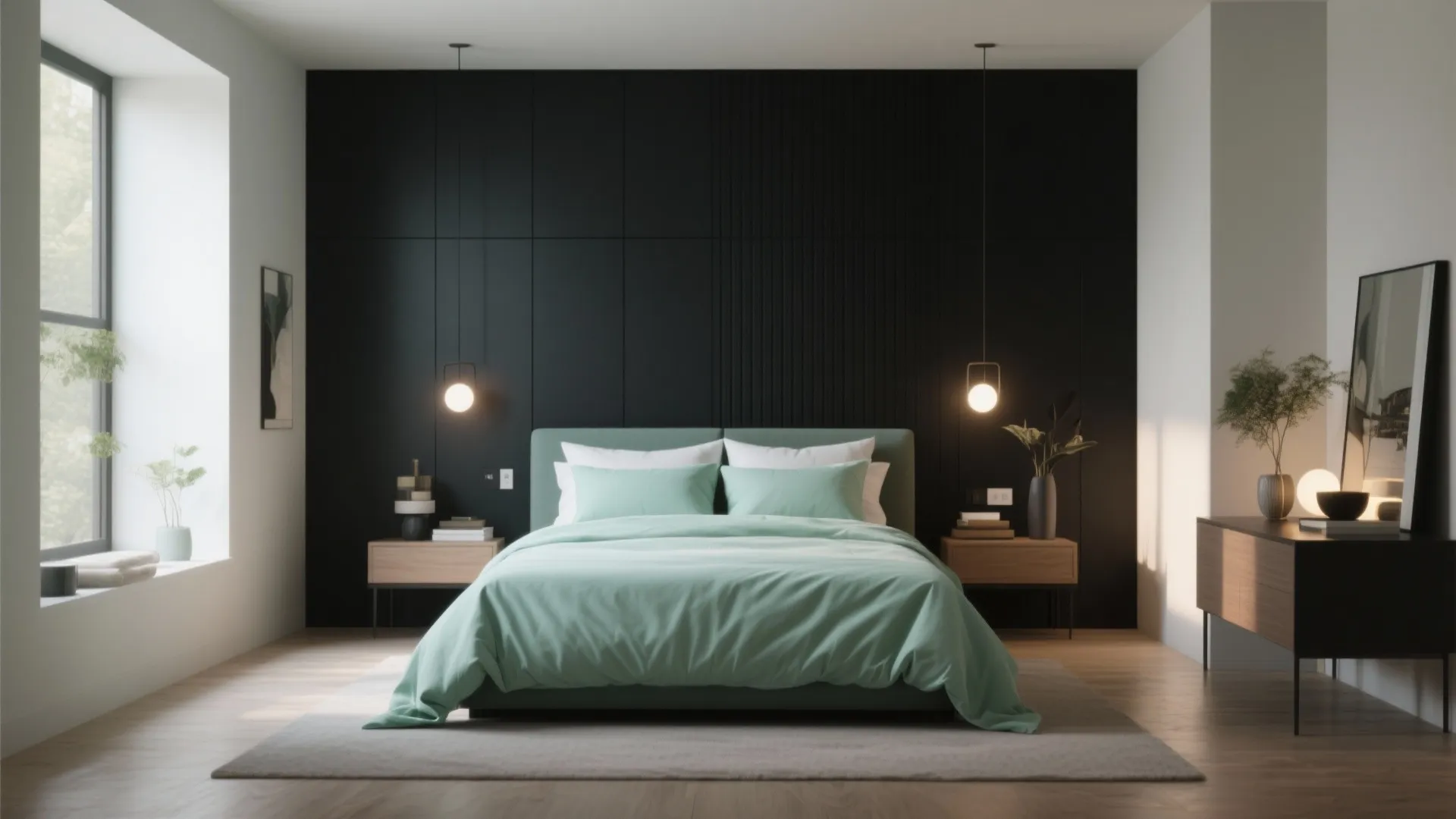 Black feature wall with mint bedding in a modern bedroom