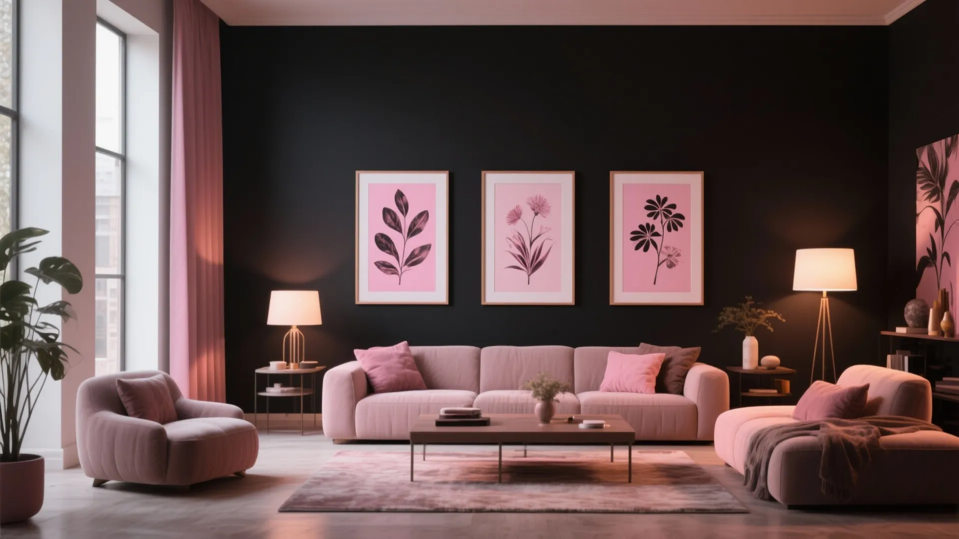 5. Black Feature Wall with Pink Art