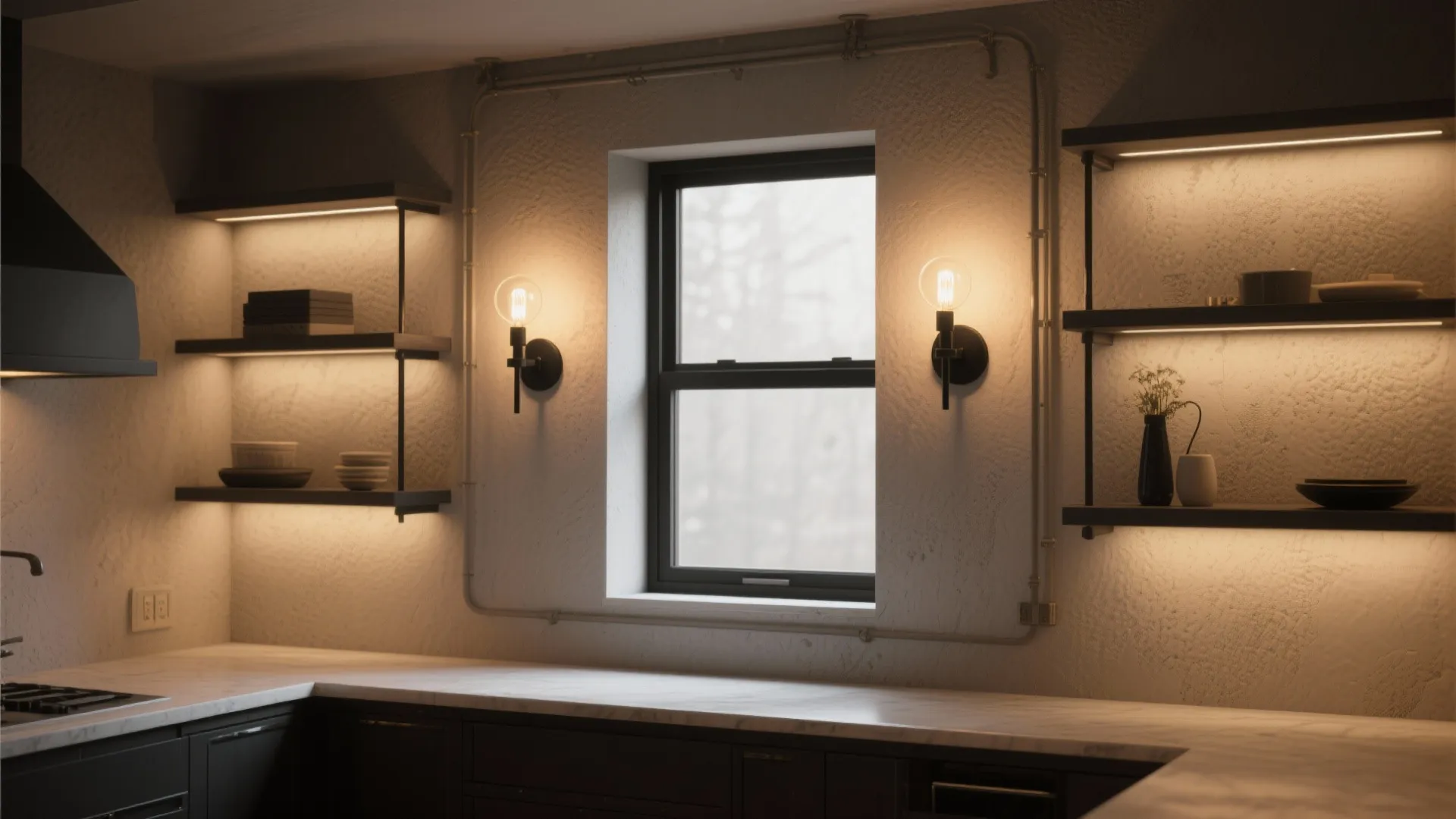 Industrial kitchen with black wall light fixtures on white wall beside window and open shelving