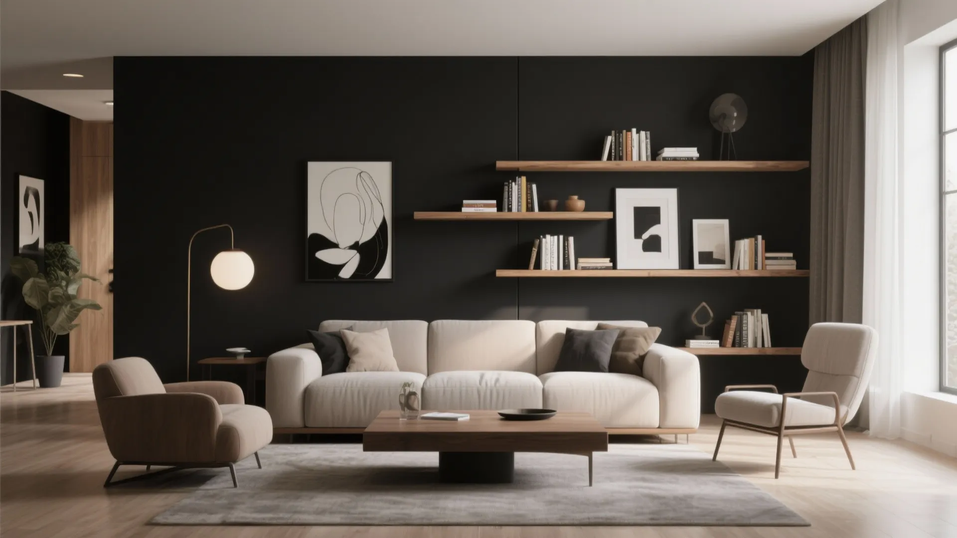 3. Black Feature Wall with Floating Shelves