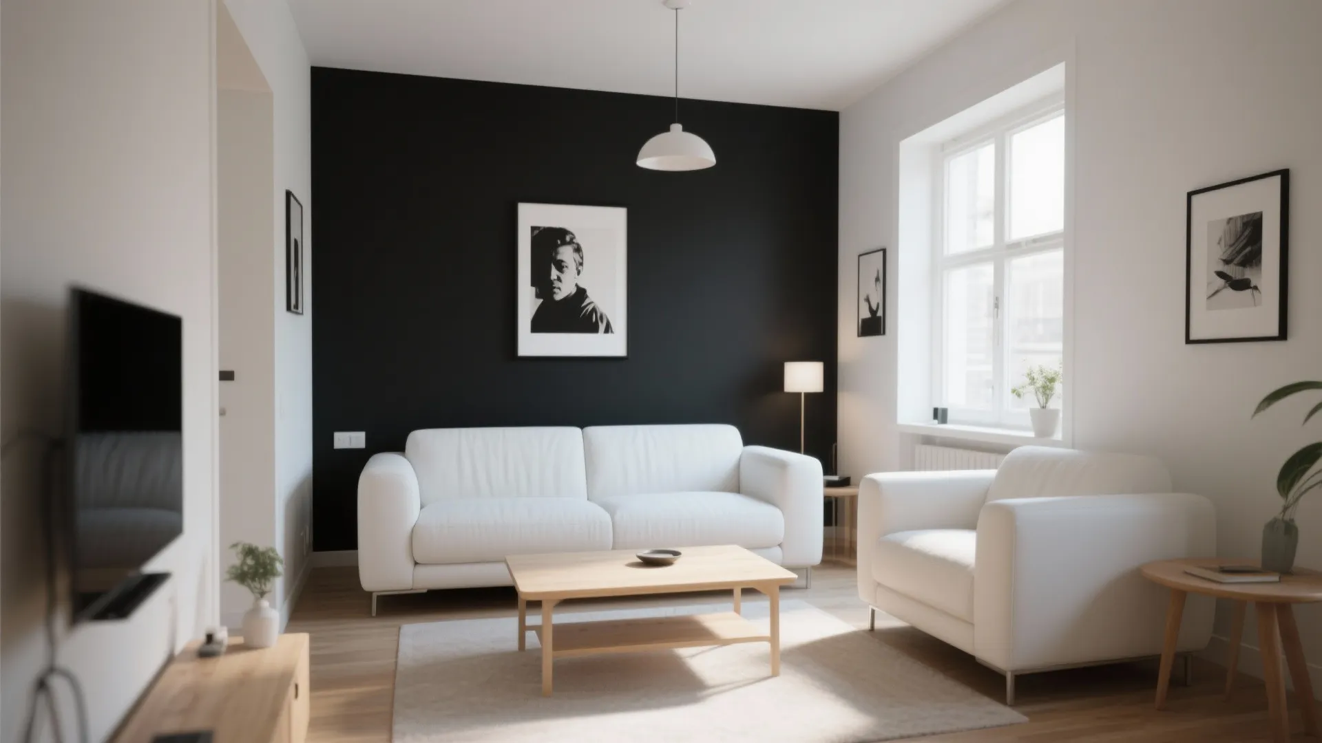 Living room with black accent wall white sofa wooden coffee table and white ceiling light