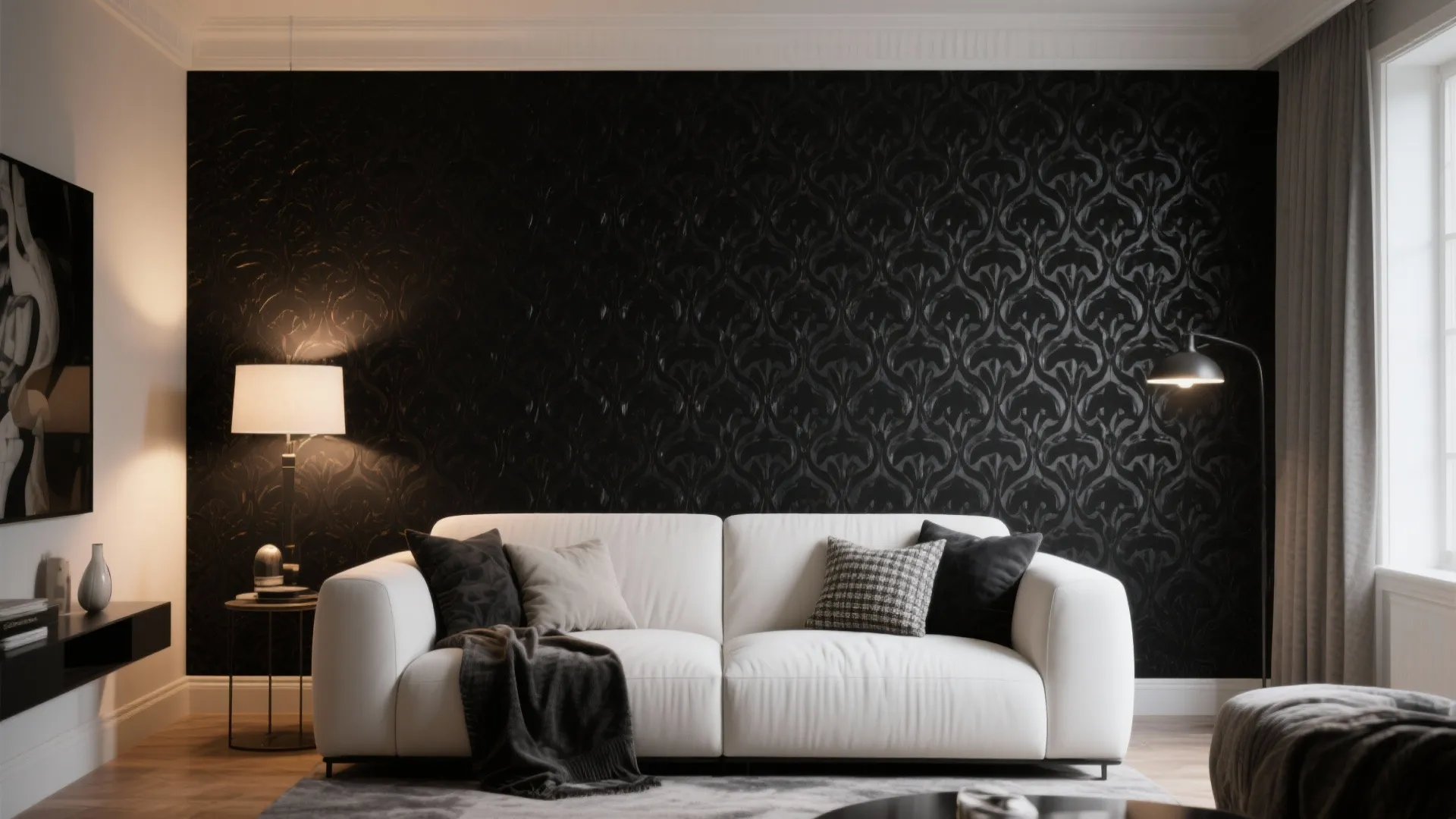 4. Statement Black Wallpaper Behind a White Sofa