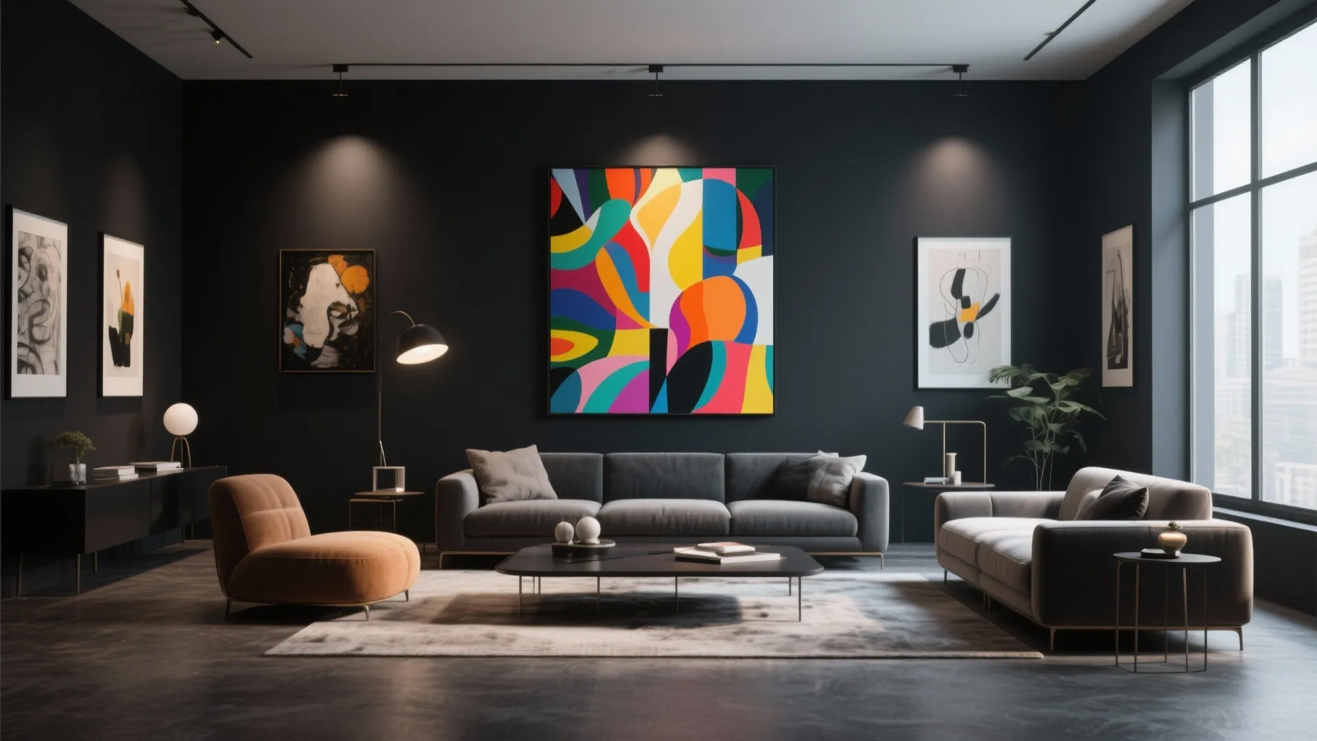 4. Black Walls with Large Art Pieces