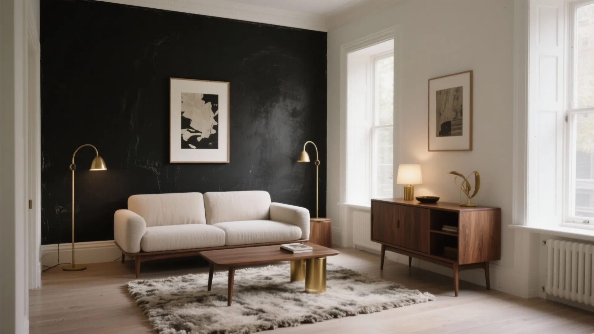 Living room with black textured wall white sofa wooden coffee table and gold floor light fixtures