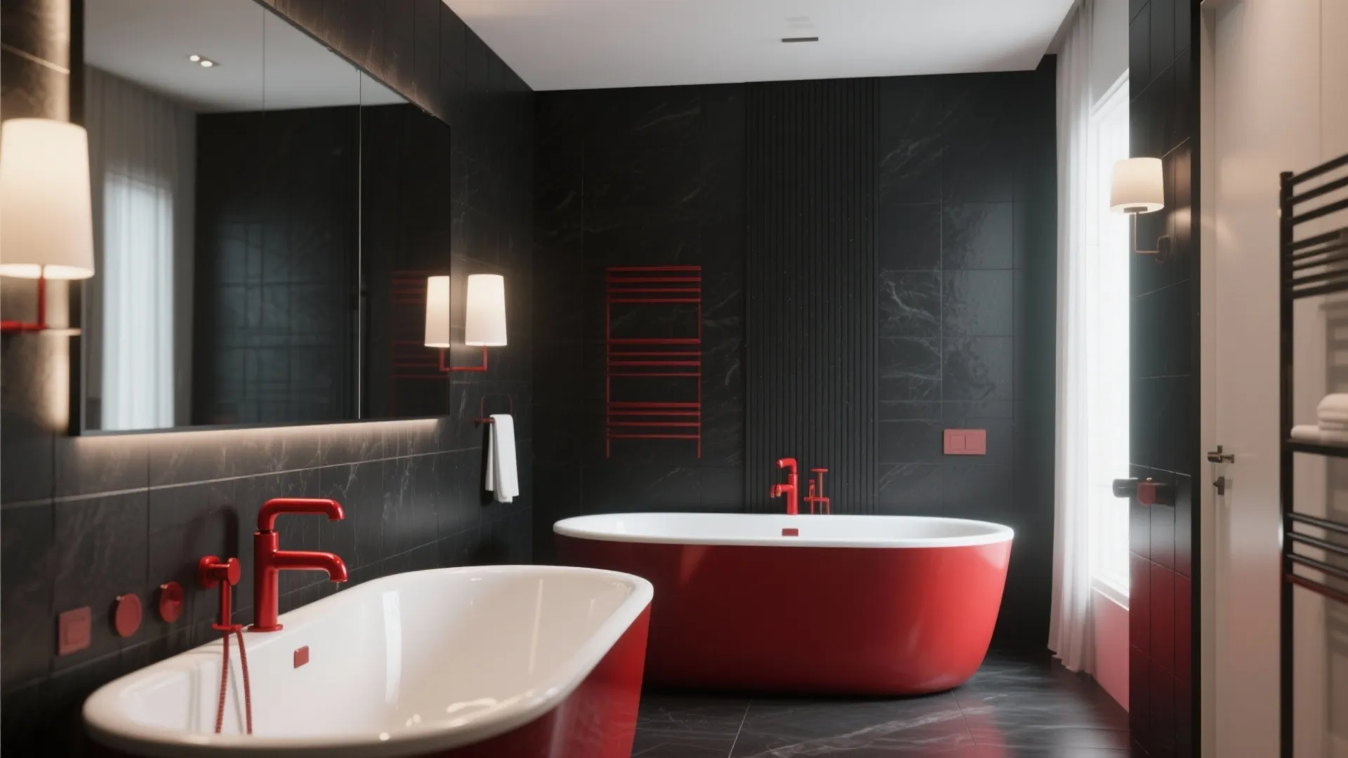 Modern bathroom with black tile walls, two red bathtubs, wall lights, and large mirror setup