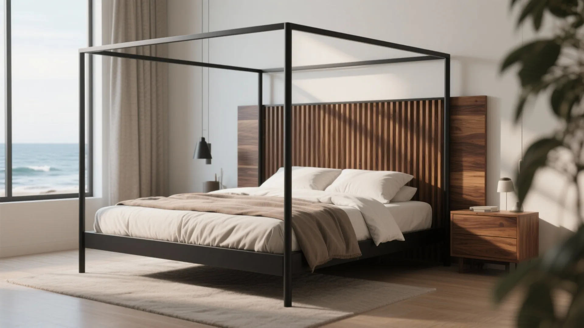 4. Mixed-material black bedframe with walnut slats