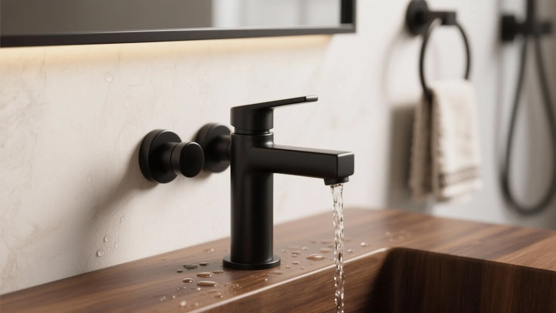 Close-up of matte black faucet and walnut vanity showing wood grain and matte metal texture.