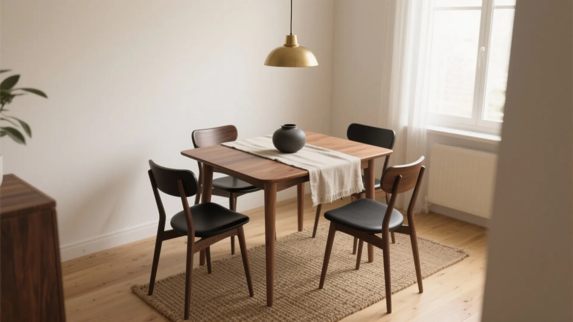 Square wood dining table with black chairs and gold ceiling light over a woven rug