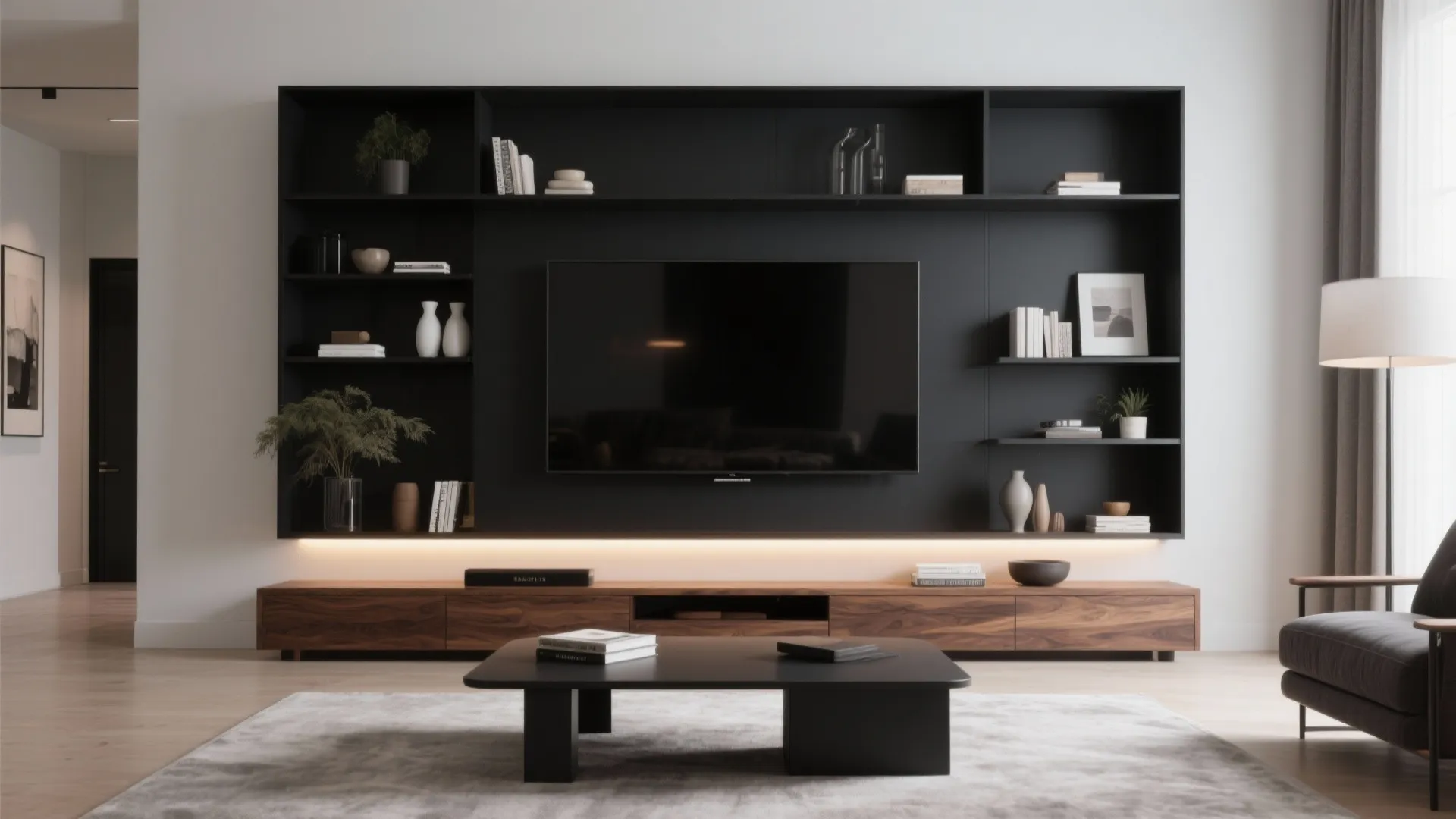 1. Minimalist Black Shelving and Rich Walnut Accents