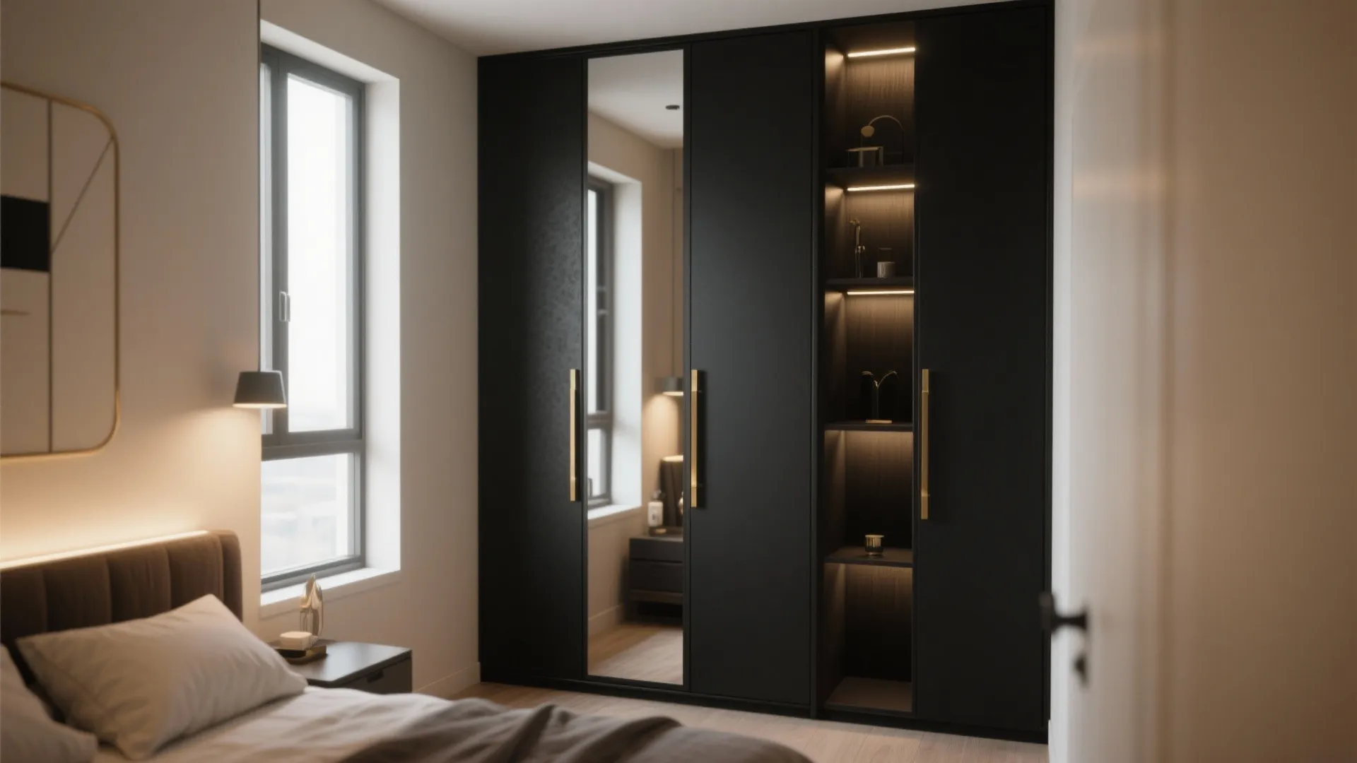 2. Black wardrobe with mirrored gold handles