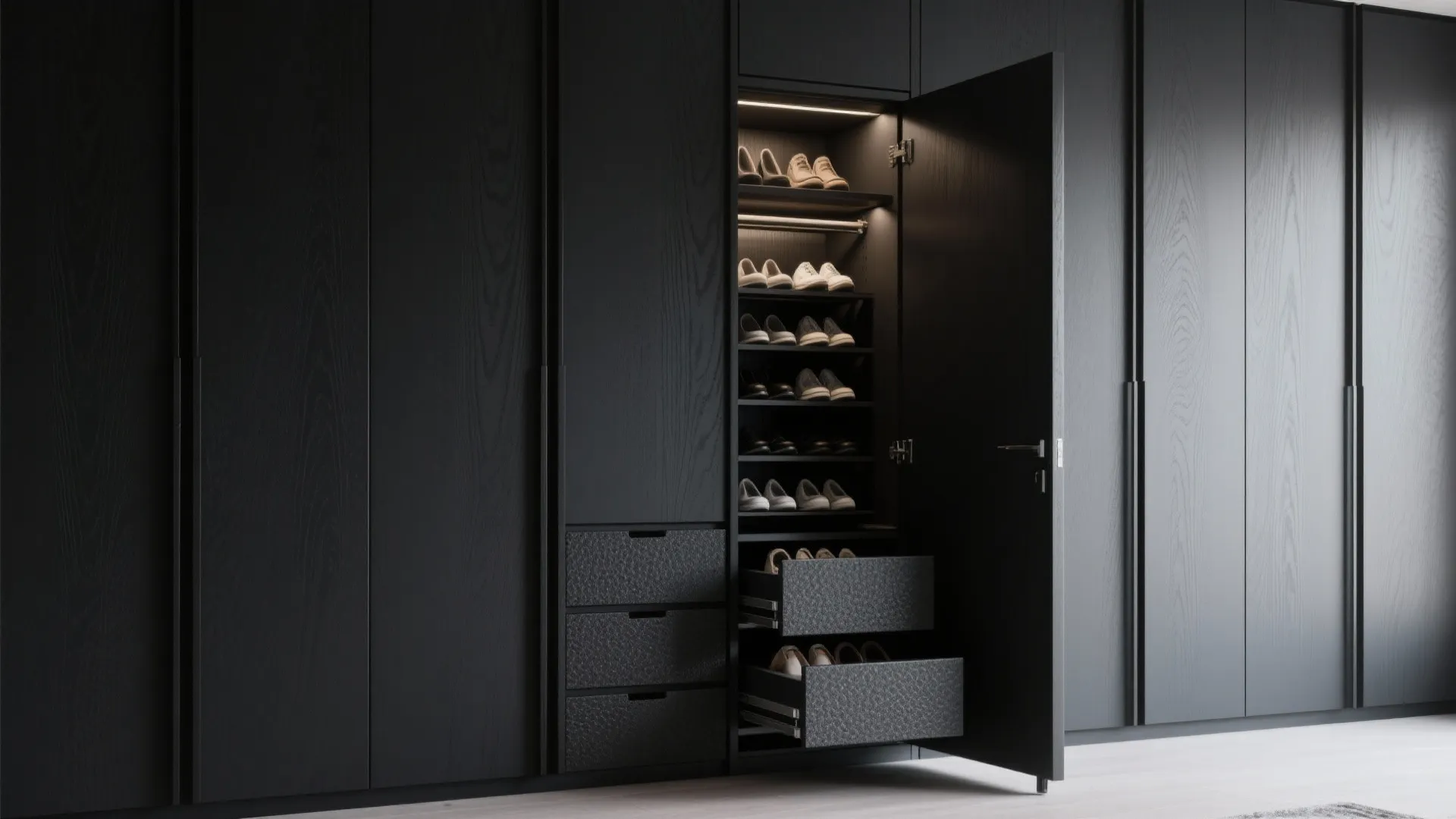 3. Black wardrobes with smart storage solutions