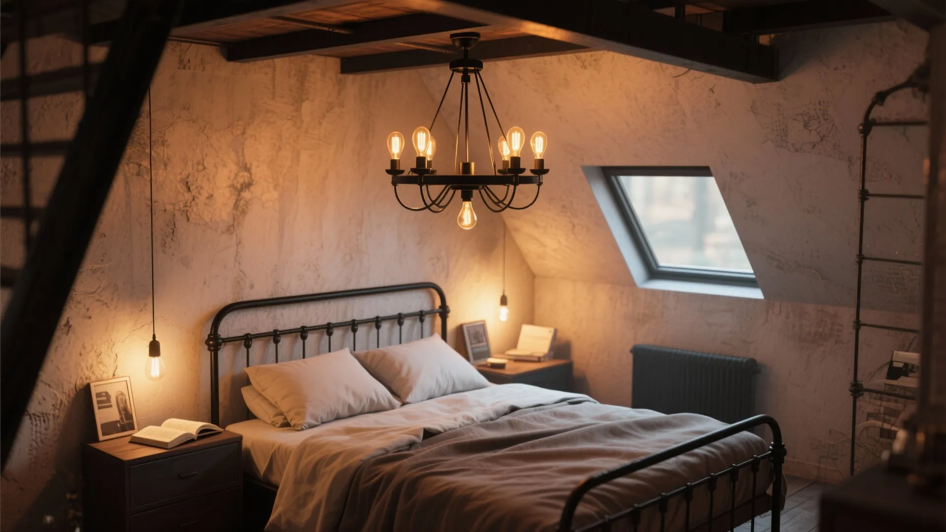 Small loft bedroom with a black chandelier and warm-toned bulbs creating cozy light