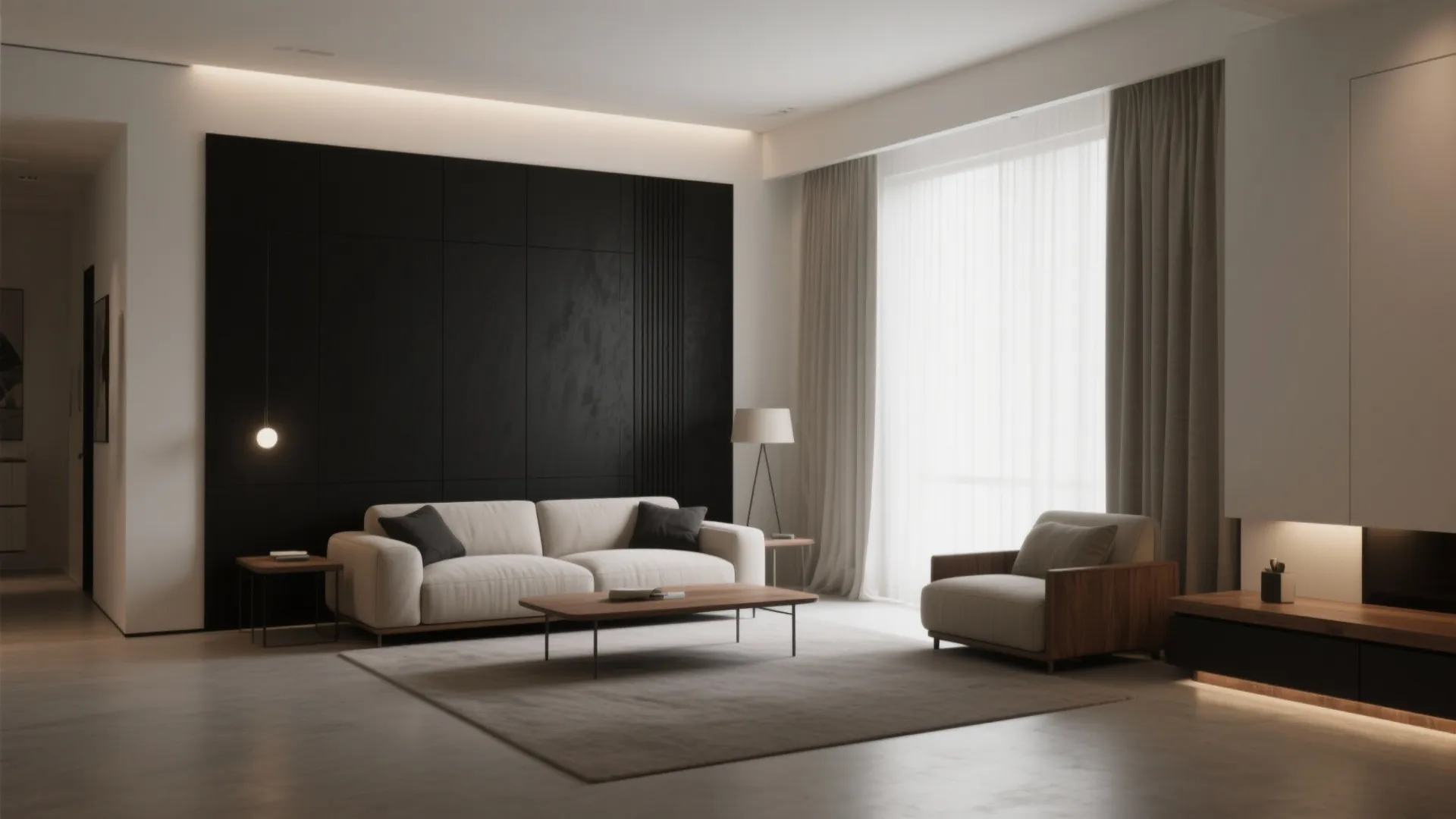 Modern living room featuring black wall white sofa wooden coffee table armchair grey curtains and rug