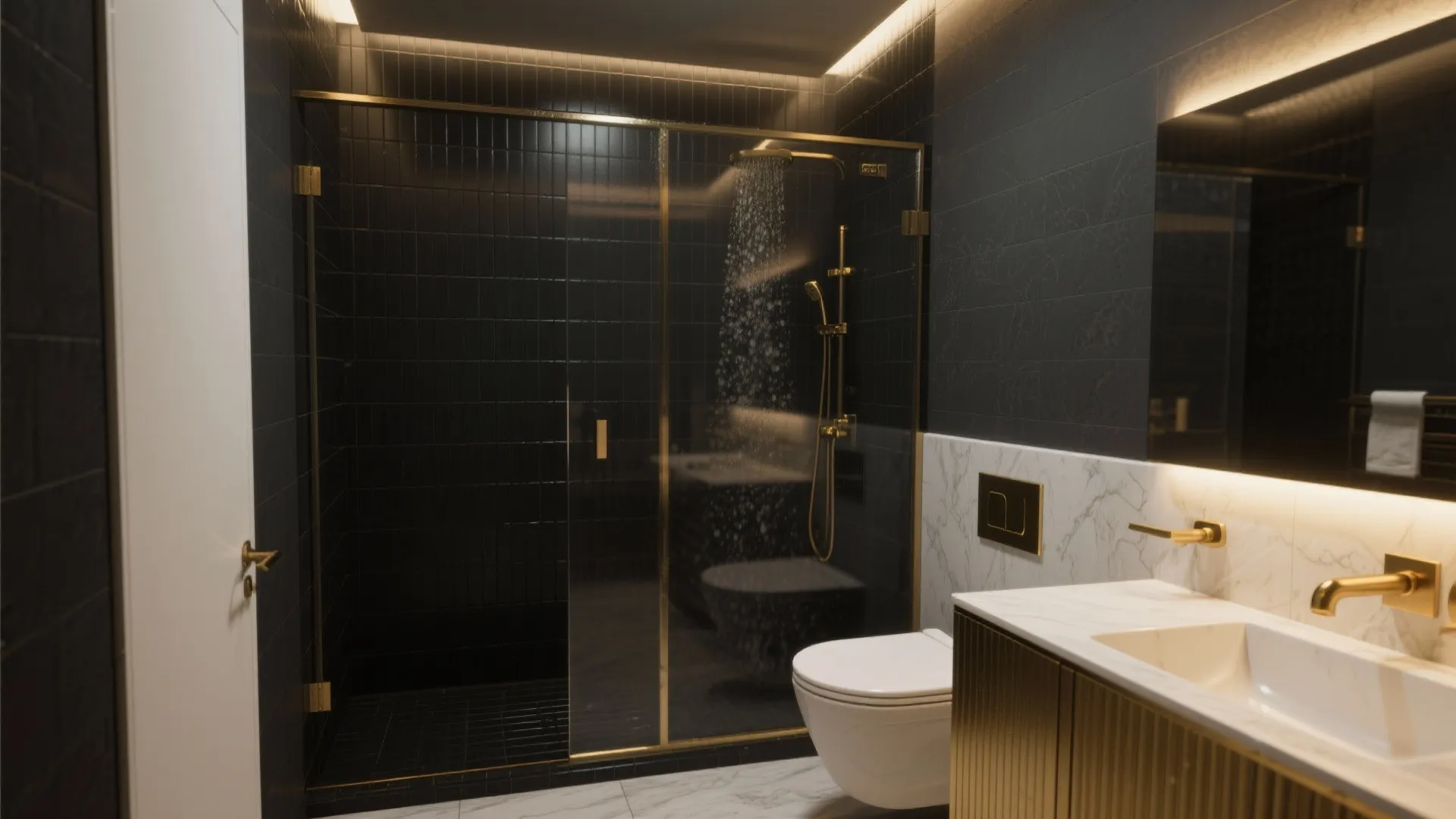 Luxury bathroom interior featuring glass shower door gold shower head black walls and white marble sink