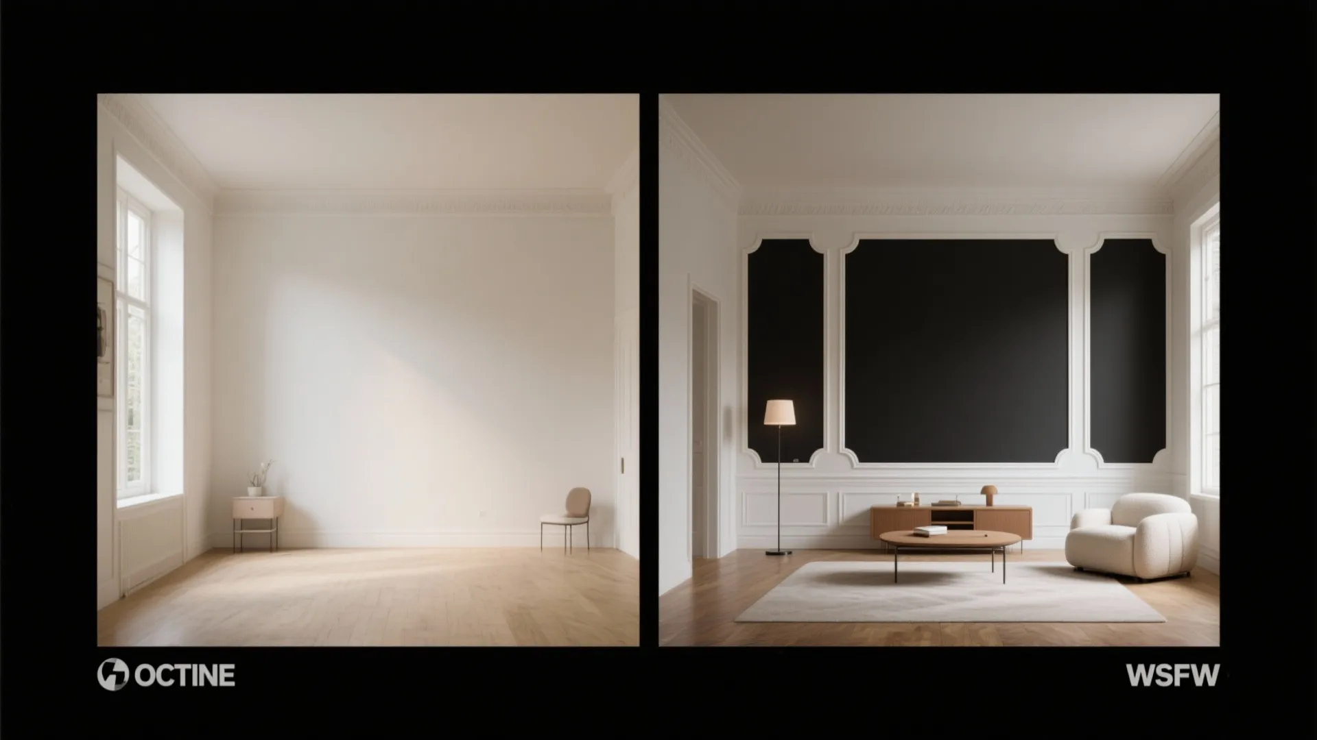 Before and after comparison showing a neutral room and the same room with a black accent wall and white moldings.