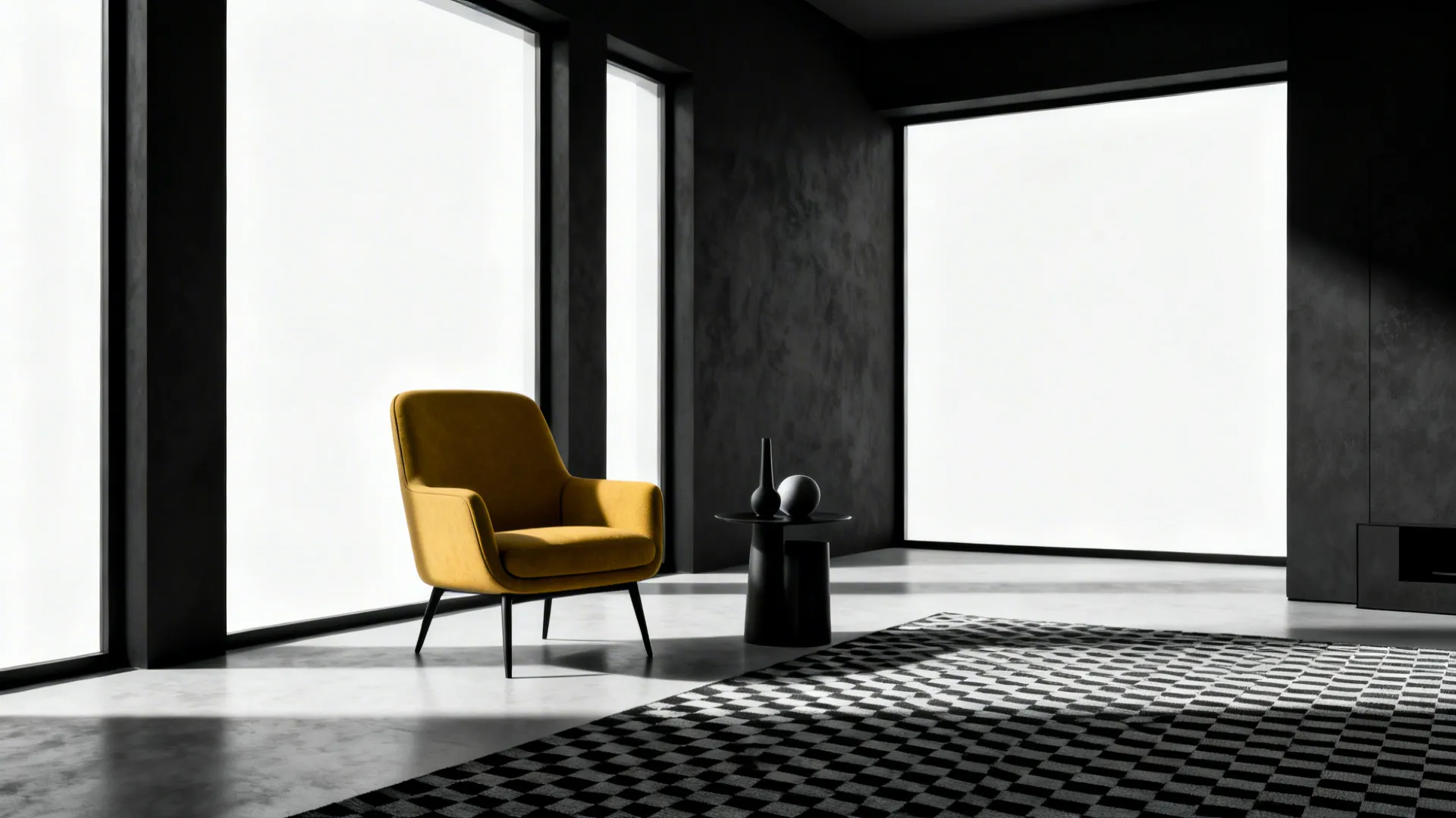 High-contrast living room in black and white with a mustard accent chair