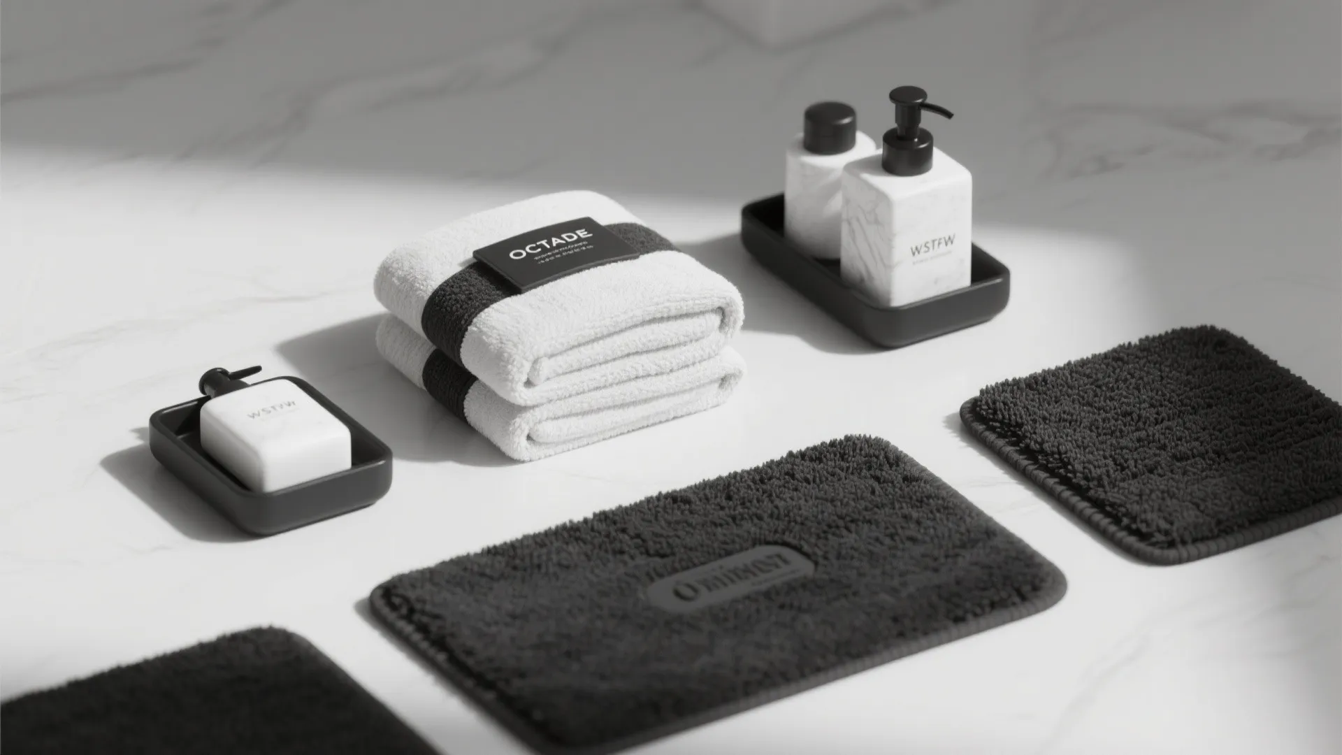 Black and white bathroom accessories including folded towels soap dispensers and small mats on marble surface