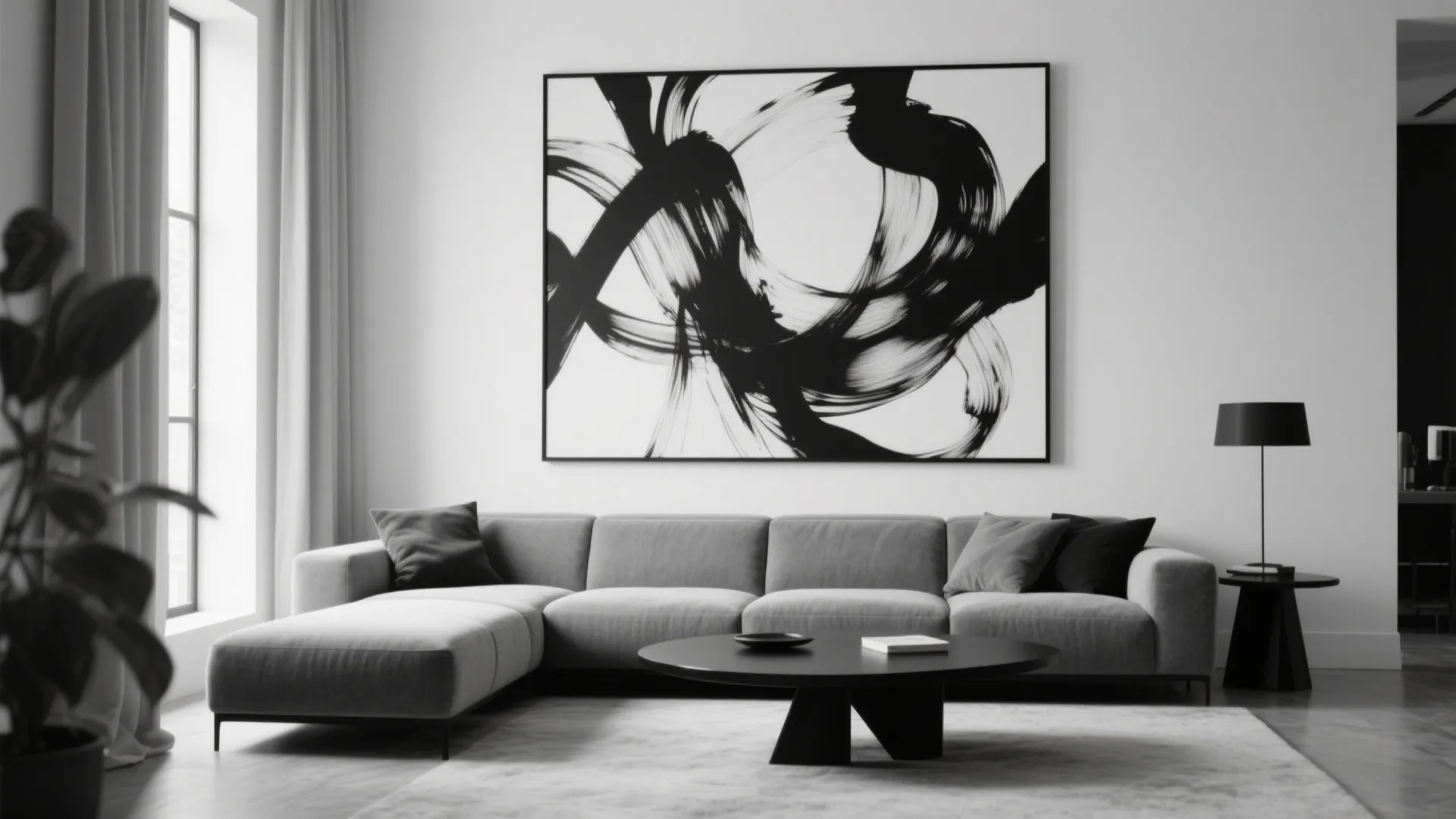 Large black and white abstract art in a monochrome living room