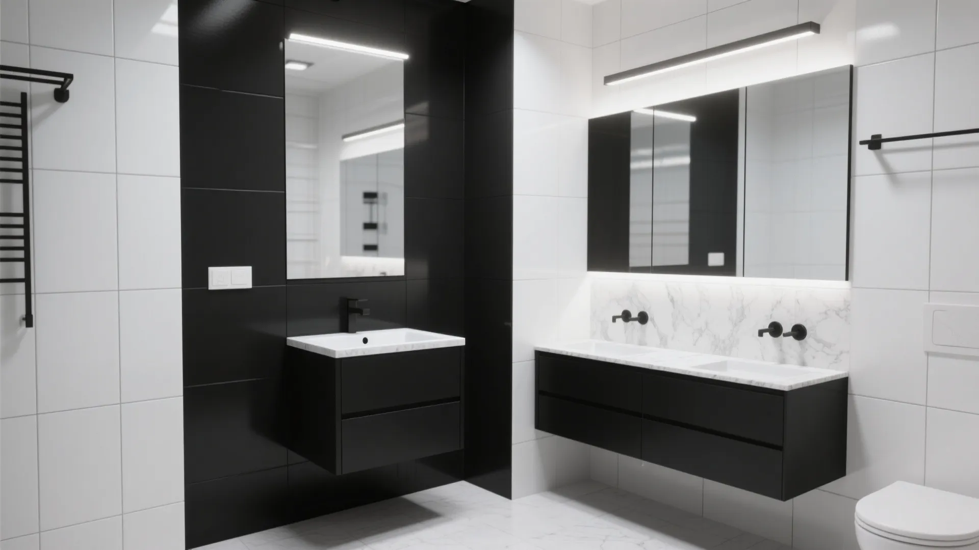 3. High-contrast black vanity with white backsplash