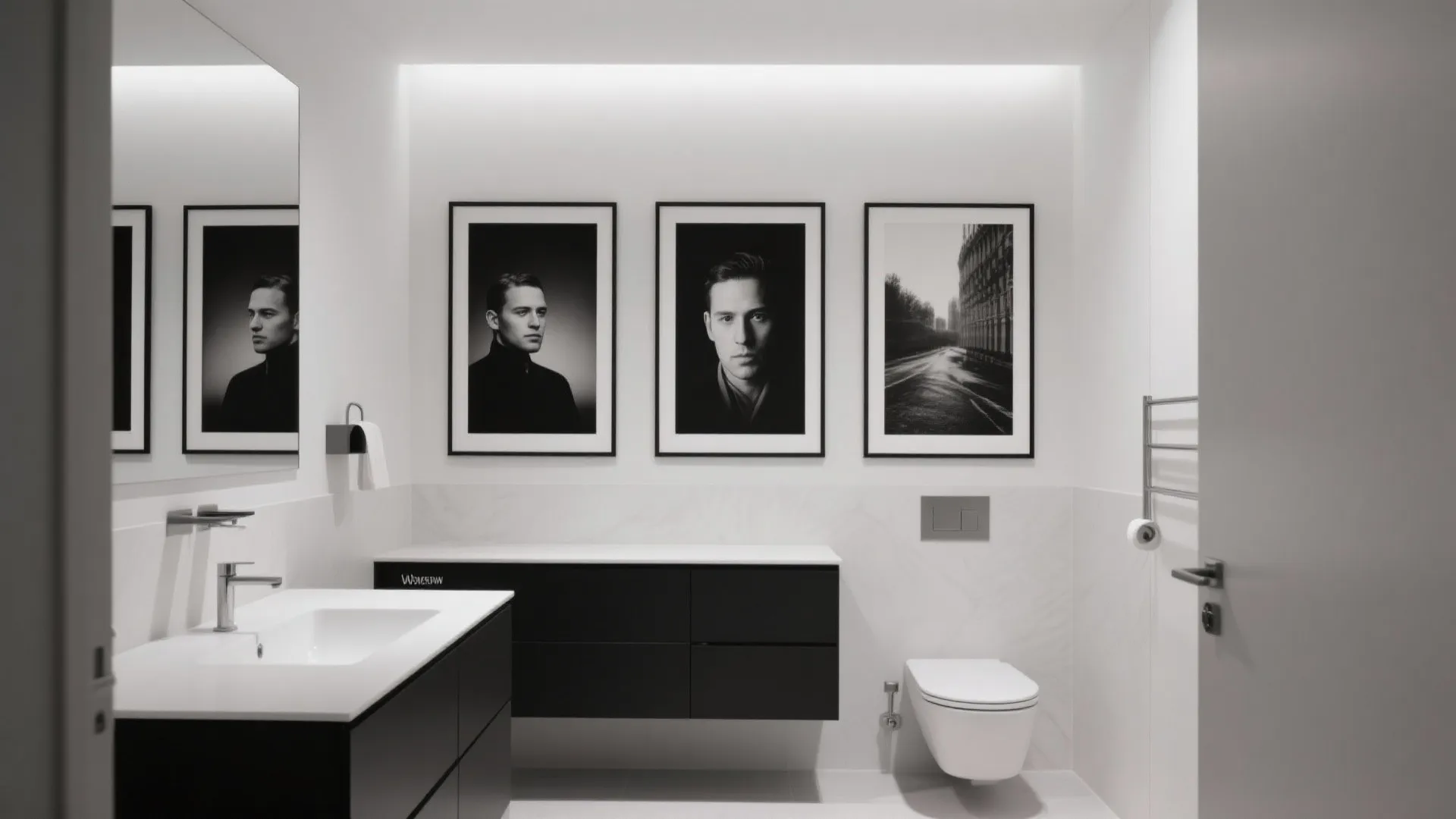 Modern black and white bathroom with three framed portrait photos hanging above a black cabinet