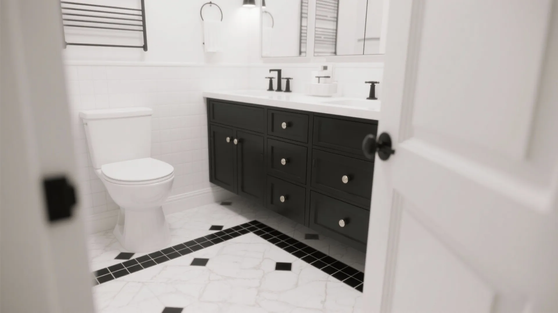 Modern black and white bathroom with dark cabinet white toilet marble floor tiles and mirrors
