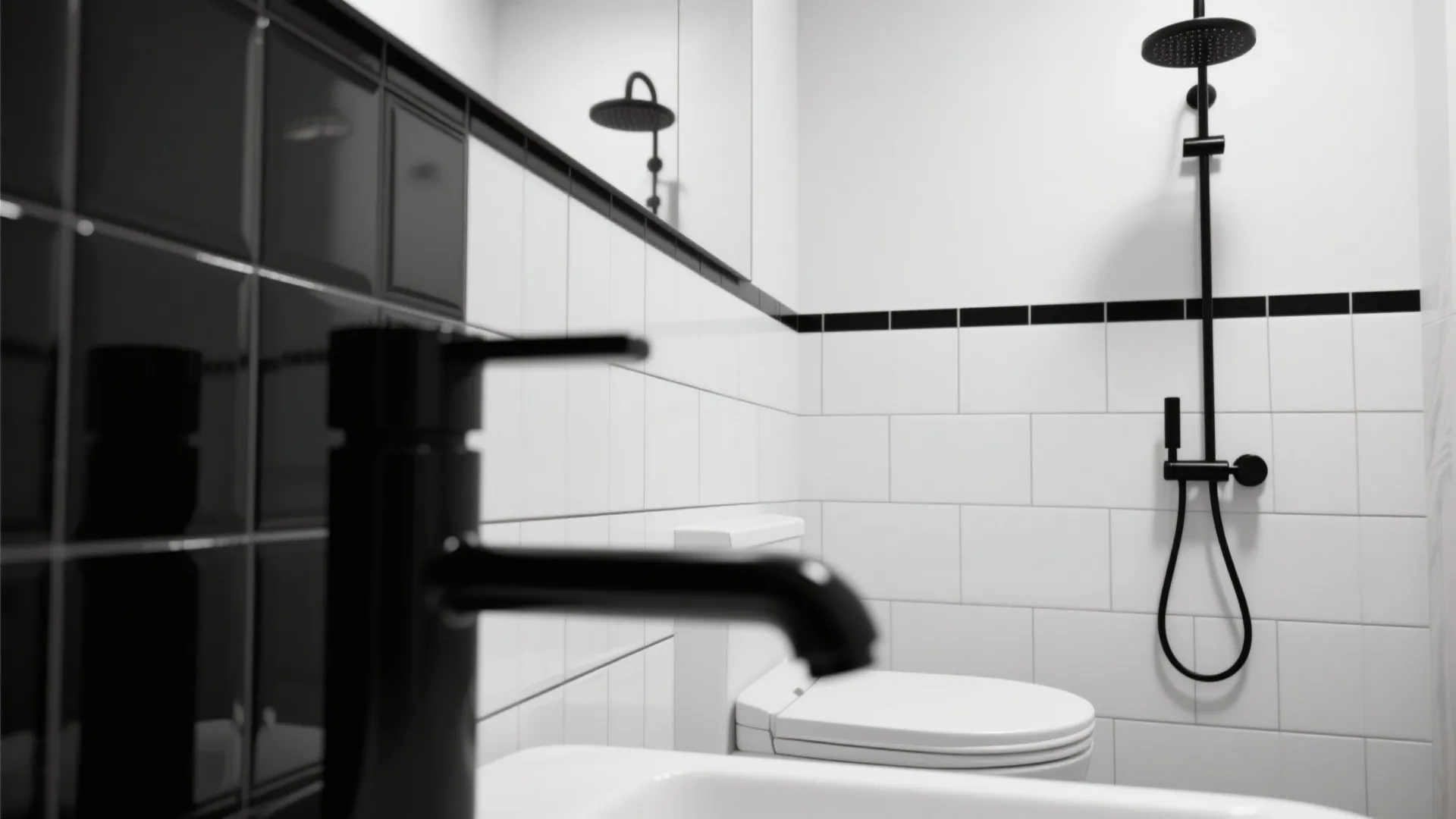 Modern black and white bathroom featuring white wall tiles black faucet shower head and white toilet