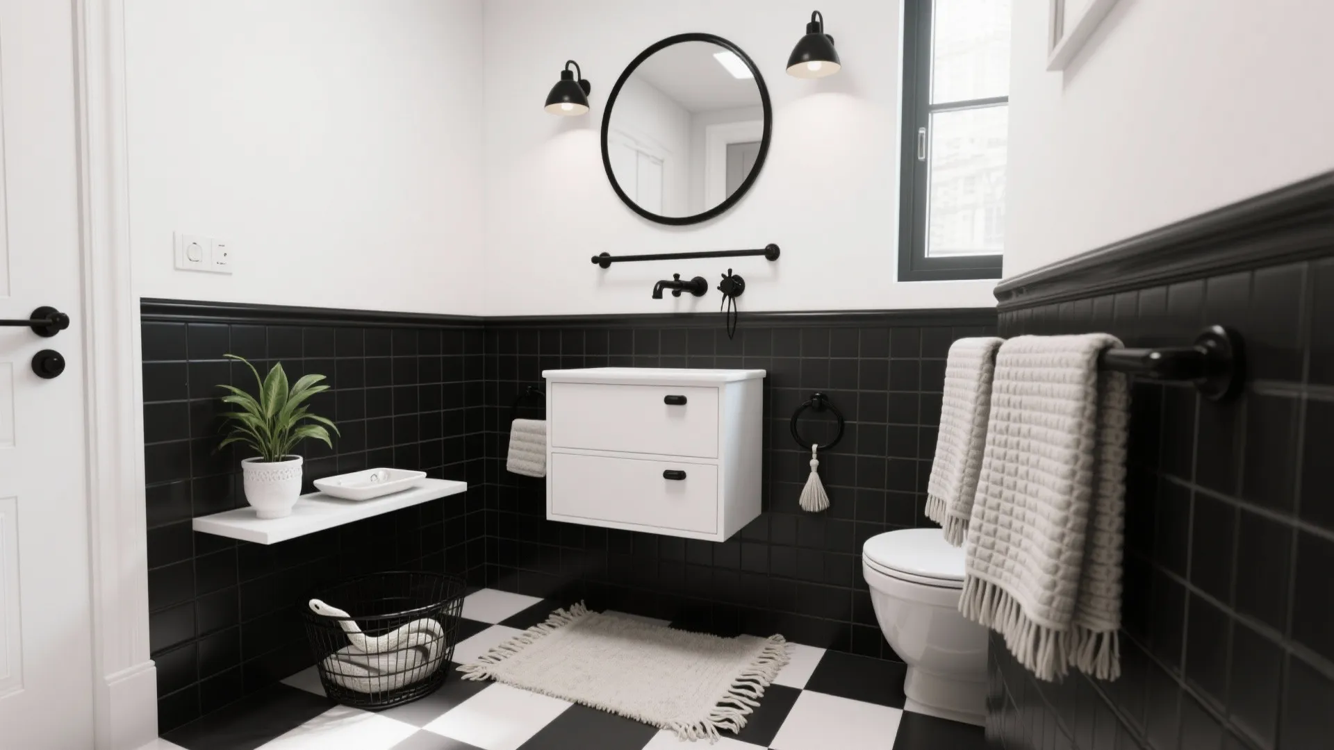 Modern black and white bathroom featuring tiled walls a round mirror and a hanging cabinet