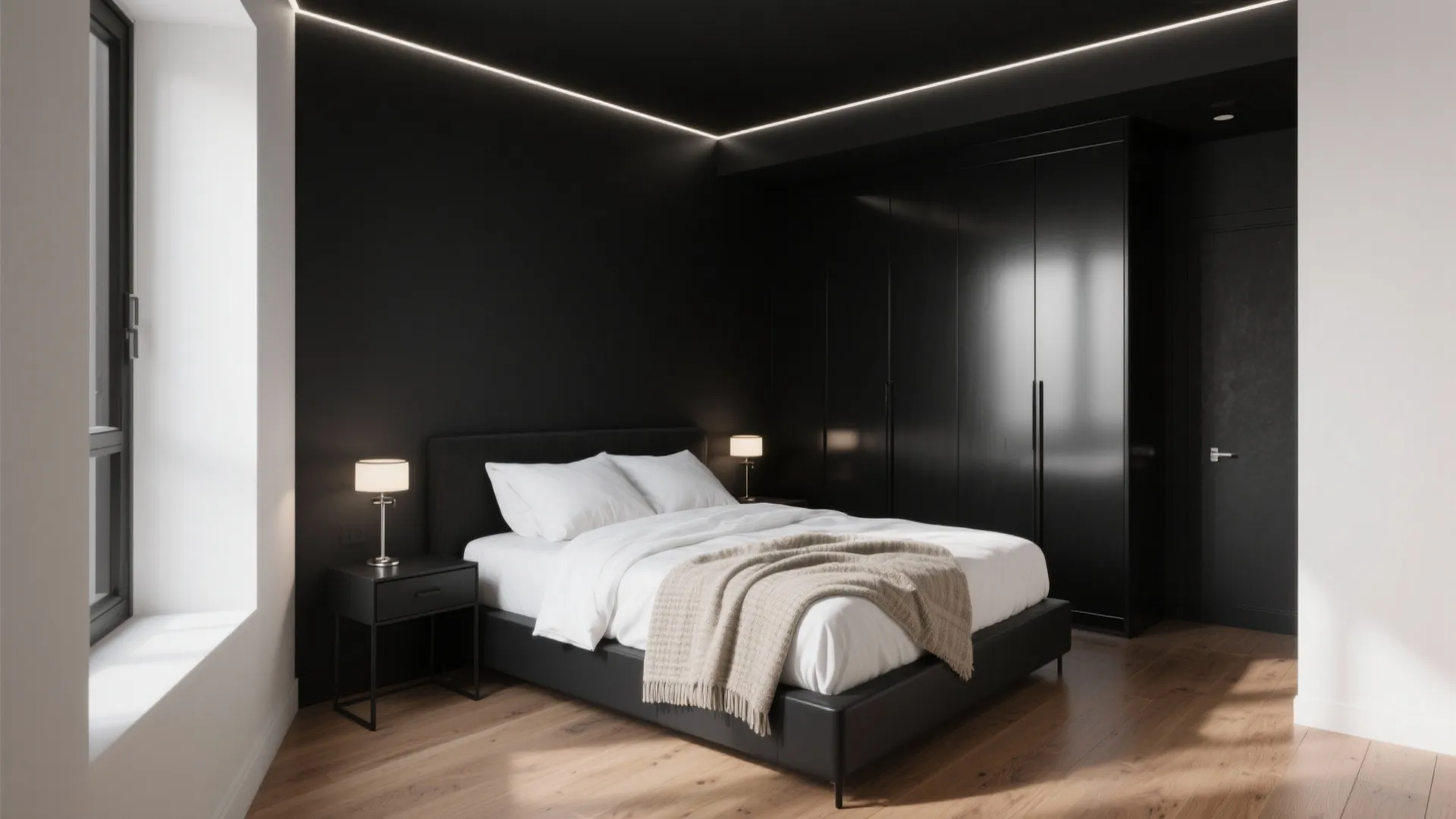 Minimalist black bedroom design with wooden floor and large windows showing natural light and shadows
