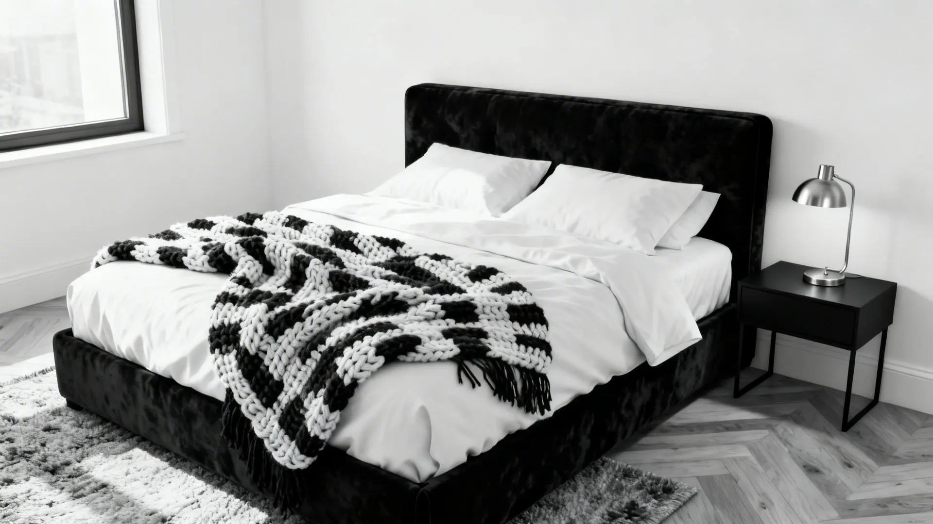 Modern bedroom with black bed white sheets chunky knit blanket and black table with lamp