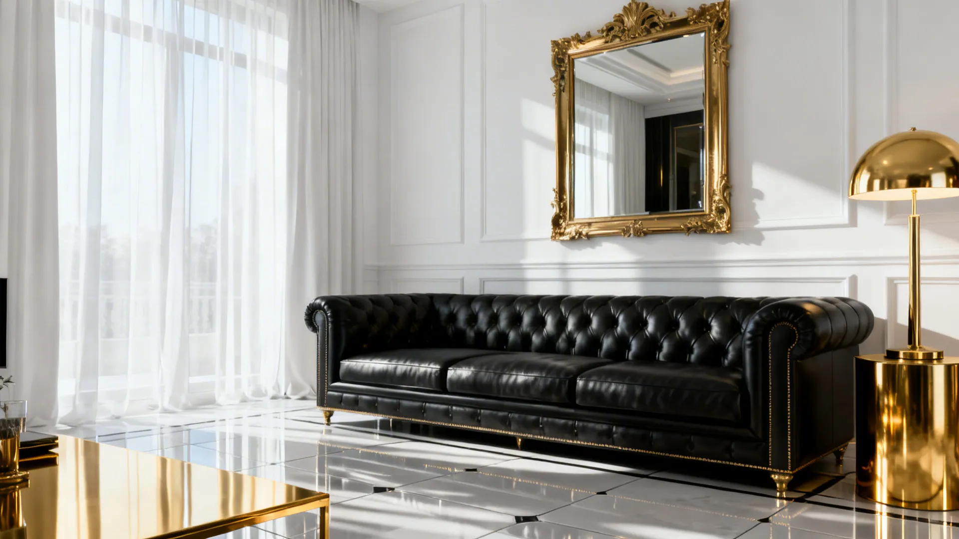 Black sofa against white walls with brass lighting and mirror accents.